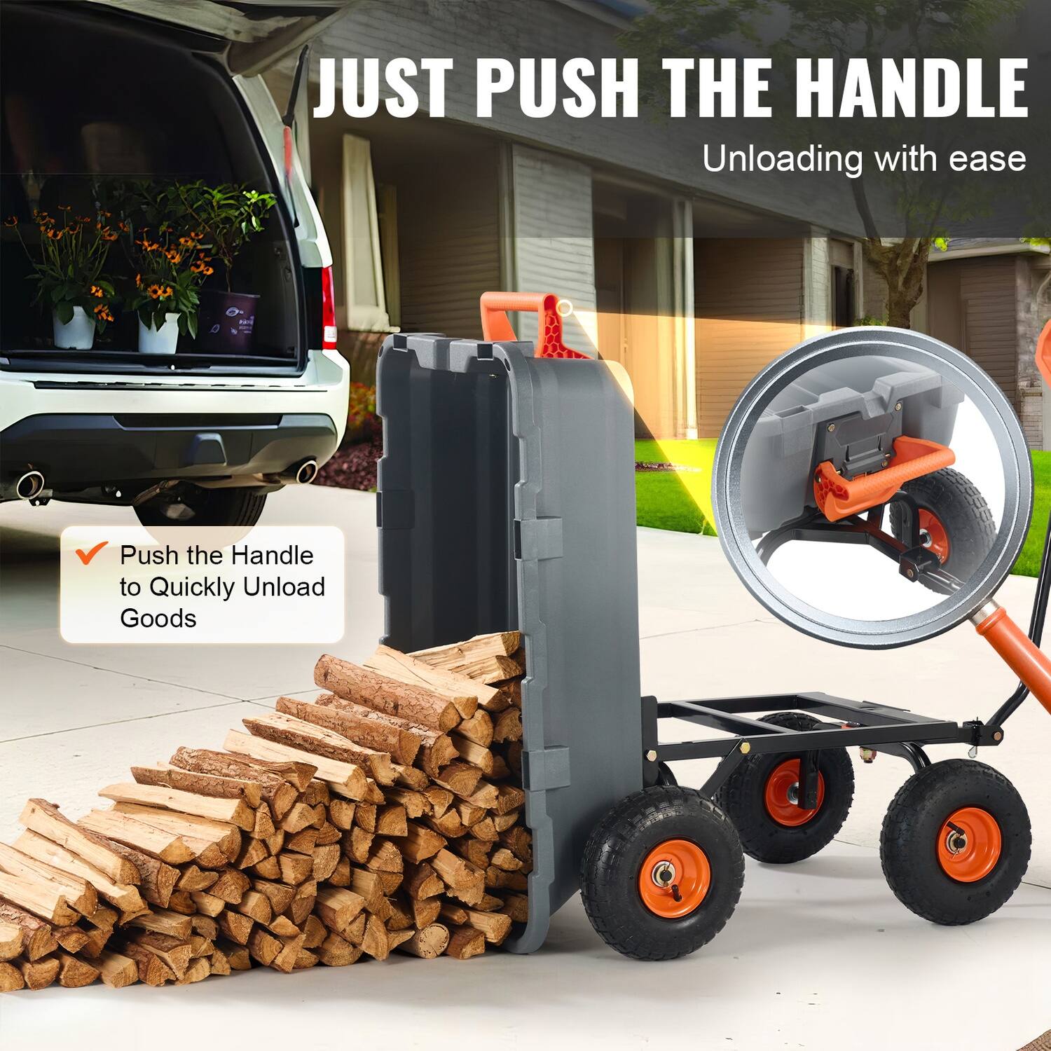 JUST PUSH THE HANDLE  
Unloading with ease  

Push the Handle to Quickly Unload Goods