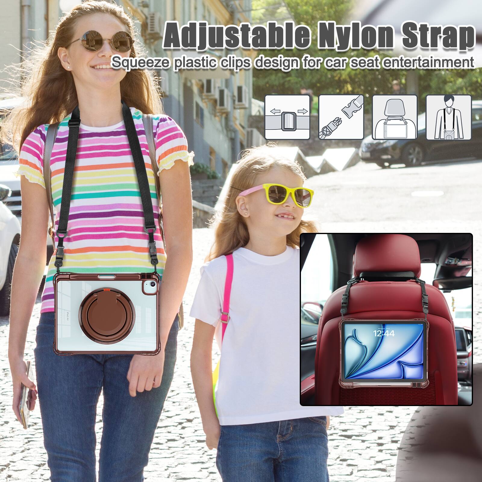 Adjustable Nylon Strap  
Squeeze plastic clips design for car seat entertainment