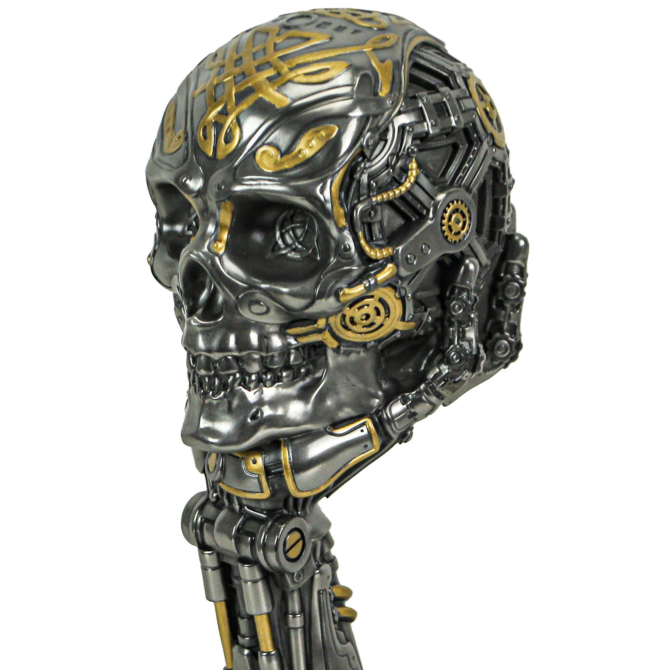 Alt View 1. Veronese Design - Silver / Gold Finished Steampunk Human Skull Statue - Robotic Arm Base - Multicolored.
