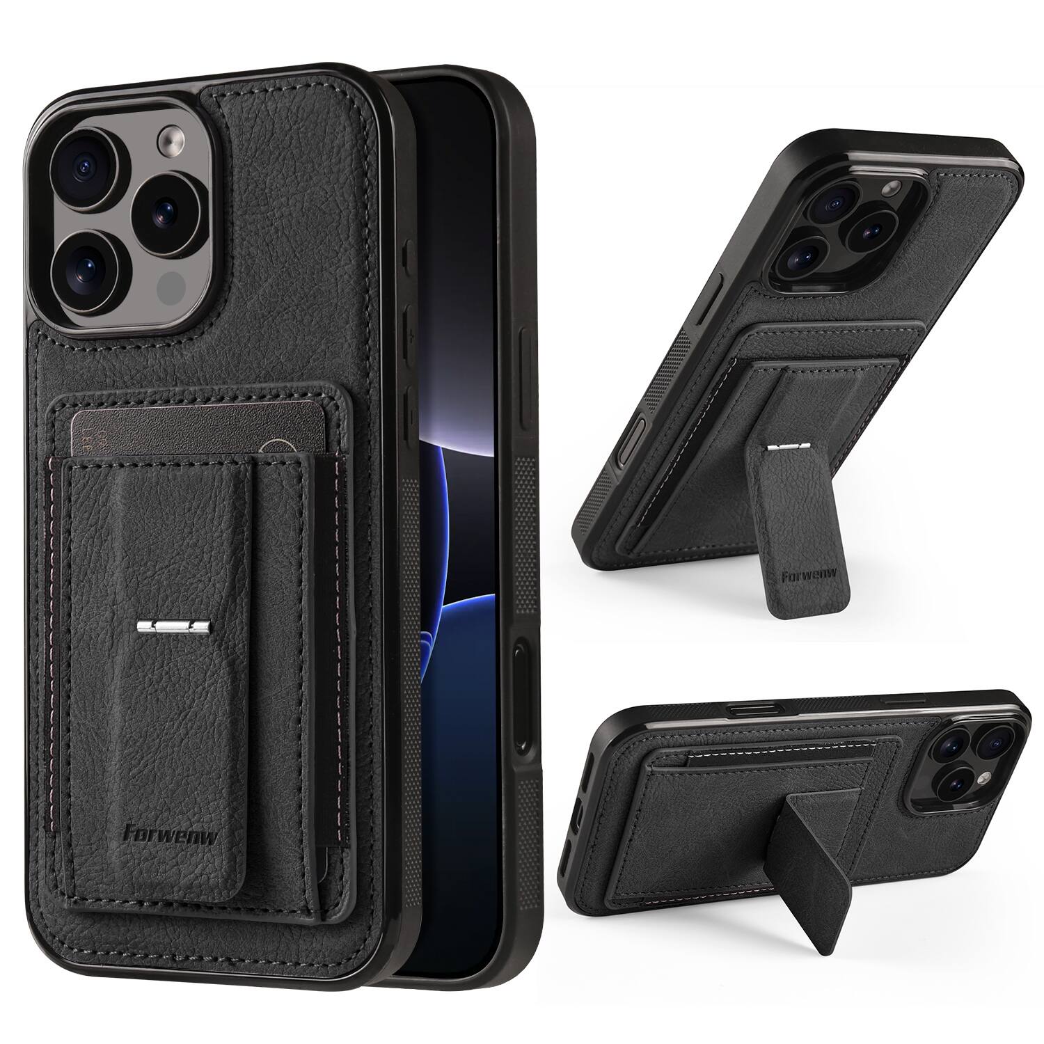 Dteck - Slim Card Holder Case for Apple iPhone 16 Pro Max, Shockproof Wallet Protective Cover with Kickstand - Black