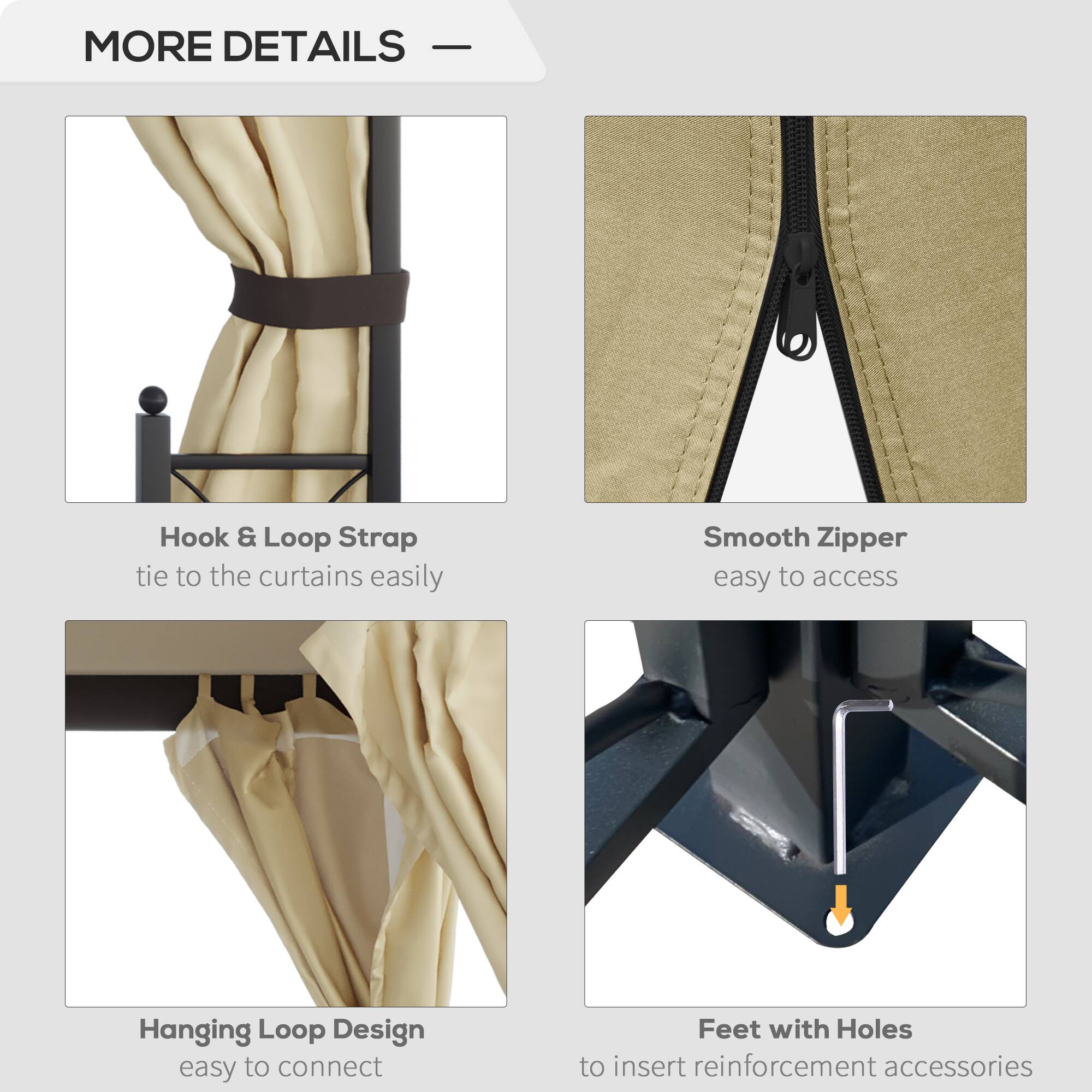 - **Hook & Loop Strap**  
  tie to the curtains easily

- **Smooth Zipper**  
  easy to access

- **Hanging Loop Design**  
  easy to connect

- **Feet with Holes**  
  to insert reinforcement accessories