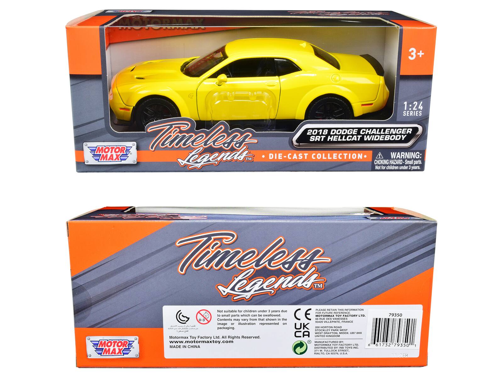 MOTORMAX 3+ 1:24 SERIES 2018 DODGE CHALLENGER SRT HELLCAT WIDEBODY MOTOR Timeless Legends DIE-CAST COLLECTION

WARNING: CHOKING HAZARD - Small parts. Not for children under 3 years.

Timeless Legends TM

PLEASE RETAIN THIS INFORMATION

Not suitable for children under 3 years due to small parts which can be swallowed. Contents may vary from that shown in the illustration represented on packaging.

CE

MOTORMAX TOY FACTORY LTD. All Rights Reserved

www.motormaxtoy.com

MADE IN CHINA

MOTORMAX TOY FACTORY LTD.
93420 VILLEPINIS FRANCE
UK - MORITOA ROAD SFOCALE CO WEST CA MEST BRTTON MIDCL UB SPL UNITED
MOTORMAX TOY FACTORY LTD.
61732 79350

79350