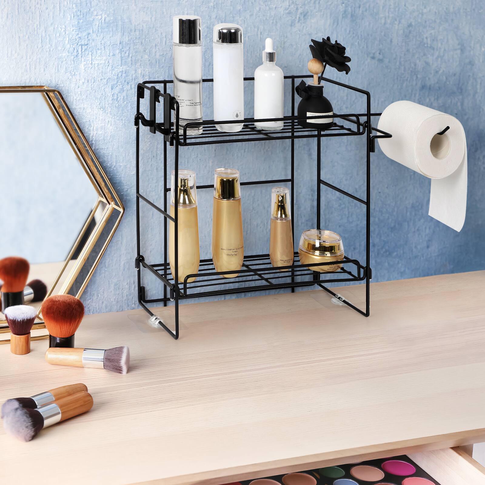 Alt View 3. Oumilen - 2-Tier Over-the-Toilet Bathroom Storage Shelf with Hooks and Toilet Paper Holder - Black.