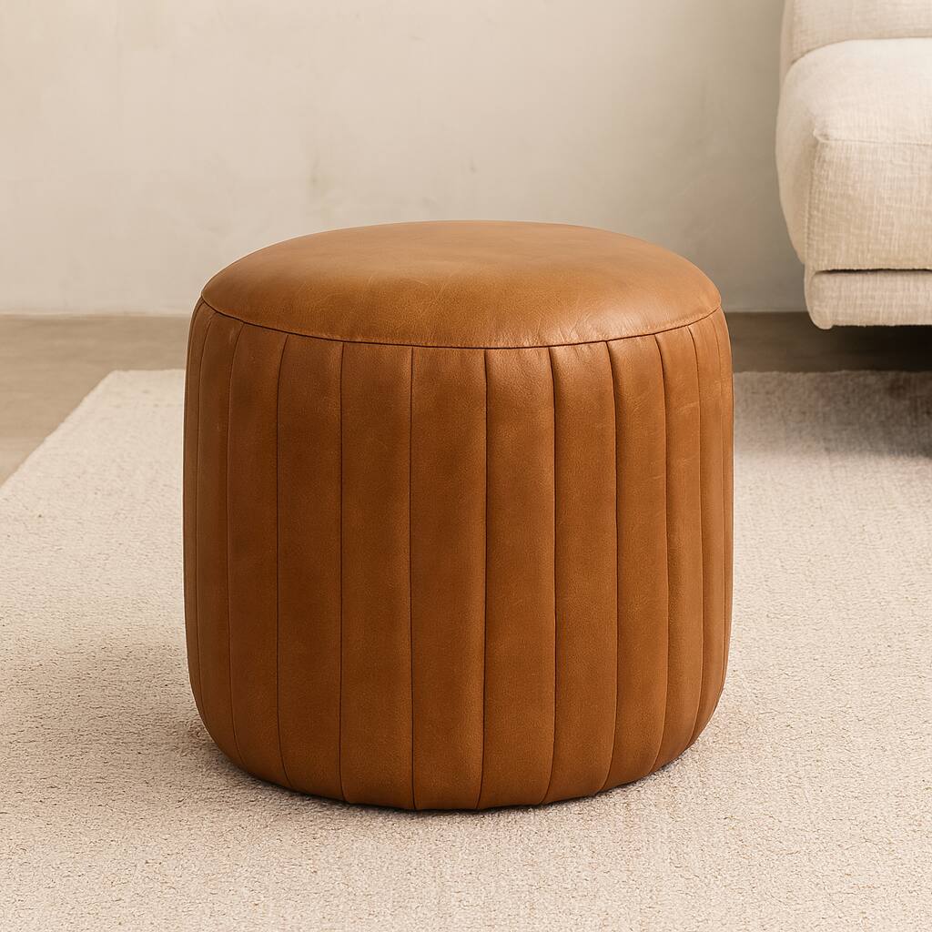 Angle. Artisan Furniture - Artisan Furniture Buffalo Leather Boucle Footstool, Tan - Brown.