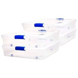 Homz - 56 Quart Underbed Secure Latching Clear Plastic Storage Container (4 Pack) - Blue Latch