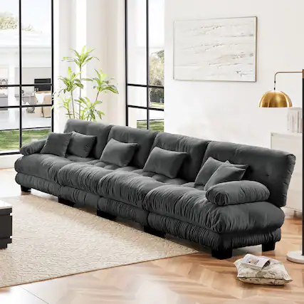 Front. Aukfa - 4-Seater Sectional Sofa - Modular Deep Seat Chenille Couch, Comfy Upholstered for Living Room & Apartment - Dark Gray.