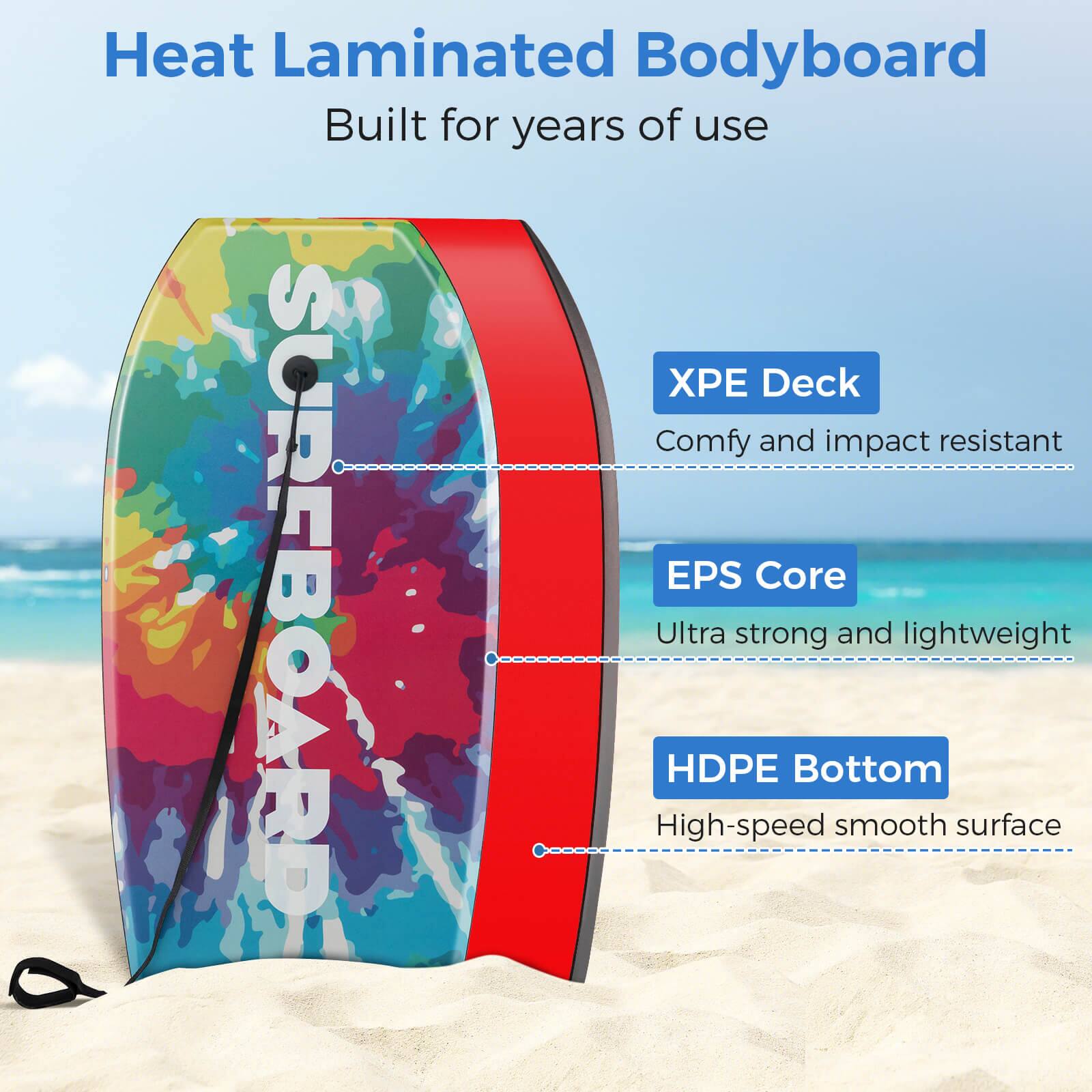 Heat Laminated Bodyboard Built for years of use: Deck - Comfy and impact resistant, EPS Core - High-speed, Ultra HDPE strong, Bottom - smooth and lightweight surface.