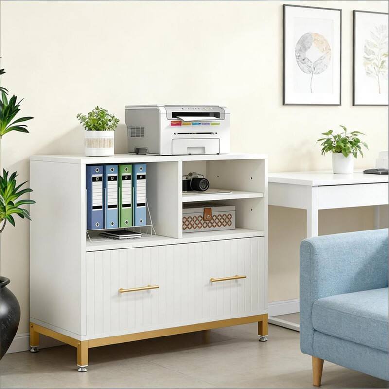 Alt View 2. HTUTWOO - Practical File Cabinet - Adjustable Hanging Rod Storage with Open Shelves,Multi-Purpose Printer Stand,Stable Metal Frame - Gold+White.