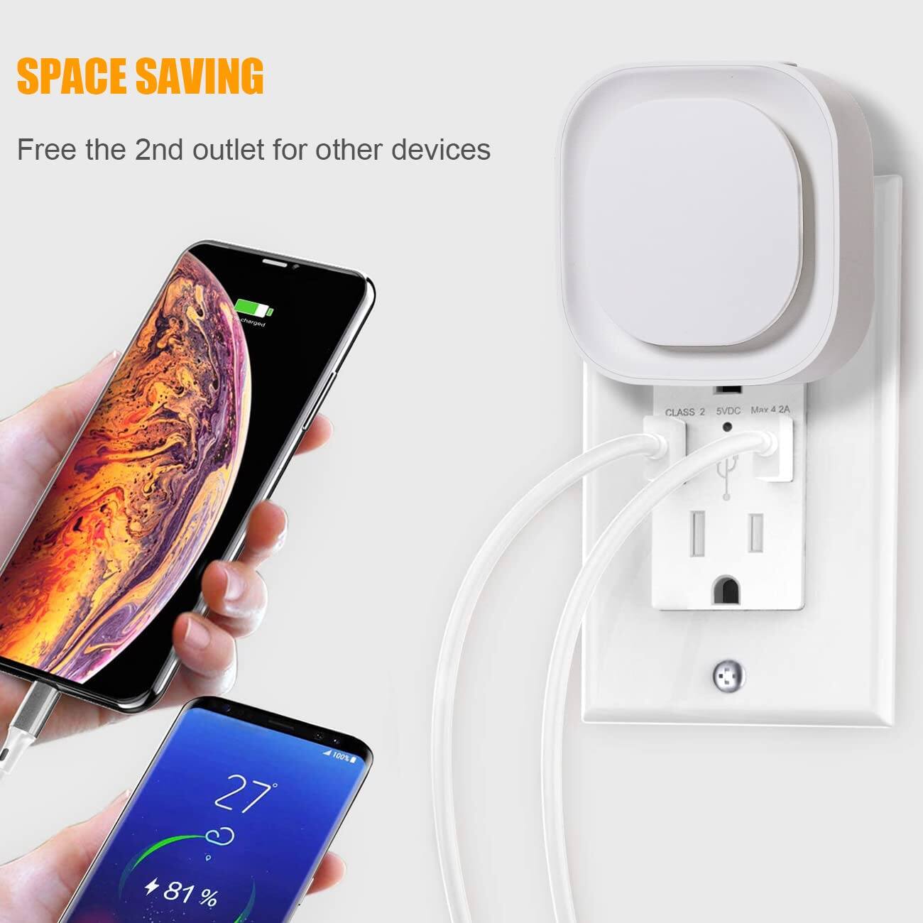 SPACE SAVING  
Free the 2nd outlet for other devices  

CLASS 2 5VDC Max 2A