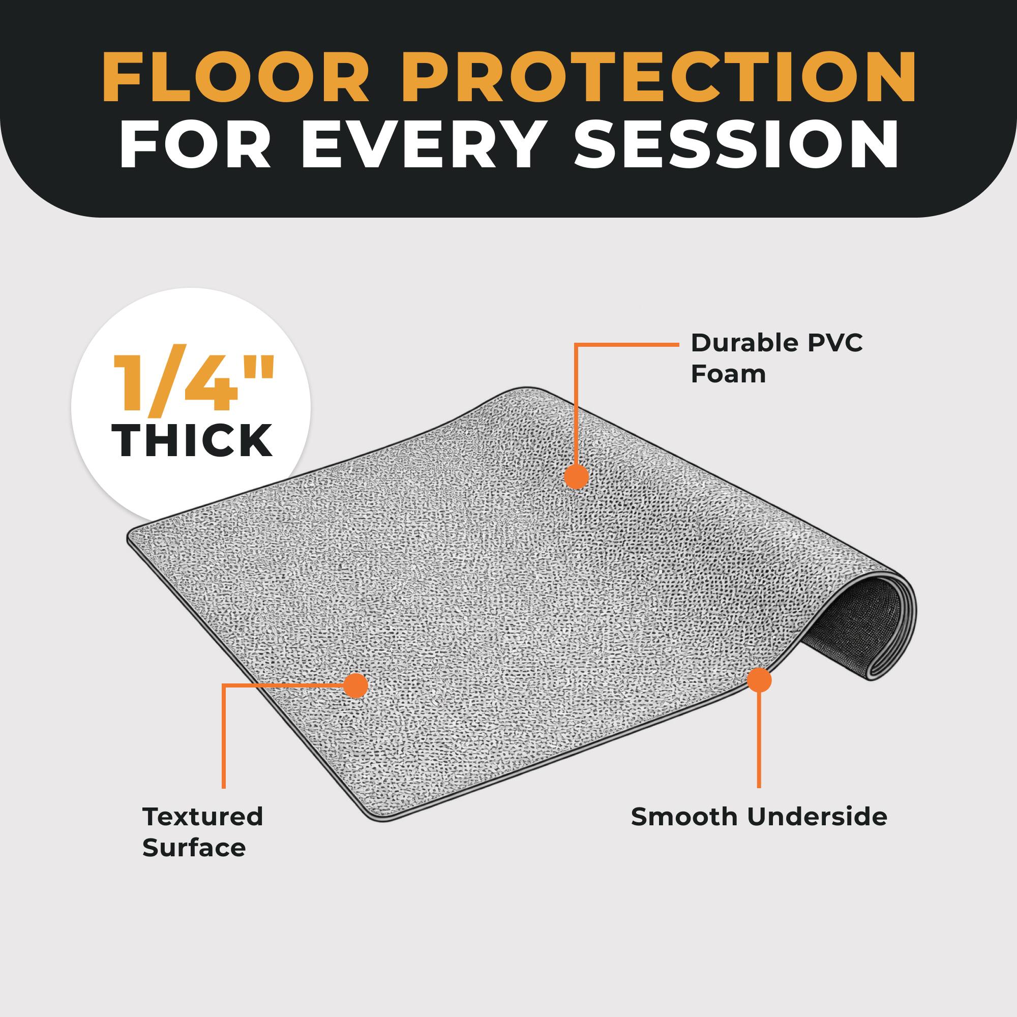 FLOOR PROTECTION FOR EVERY SESSION
1/4" THICK
Durable PVC Foam
Textured Surface
Smooth Underside