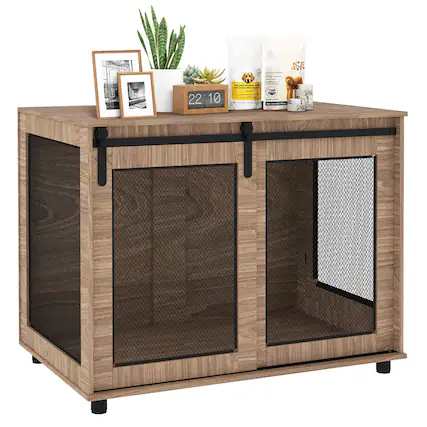 Front. Pawhut - Dog Crate Furniture, 39" Dog Kennel Furniture End Table with Sliding Barn Door, Dog Cage Table for Large Dogs.