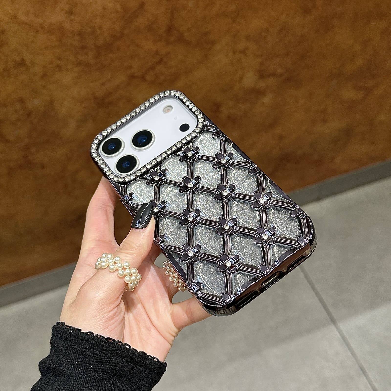 Alt View 5. UUCOVER - Luxury Electroplated Bling Glitter Case for Apple iPhone 17 Pro Max, Shockproof Sparkle Rhinestone Diamond Flower Cover - Black.