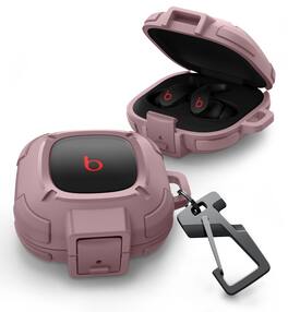 Dexnor - Rugged Bumper Case for Beats Fit Pro (2021) with Secure Lock, Shockproof Clear Cover with Carabiner & Keyring - Peony Pink