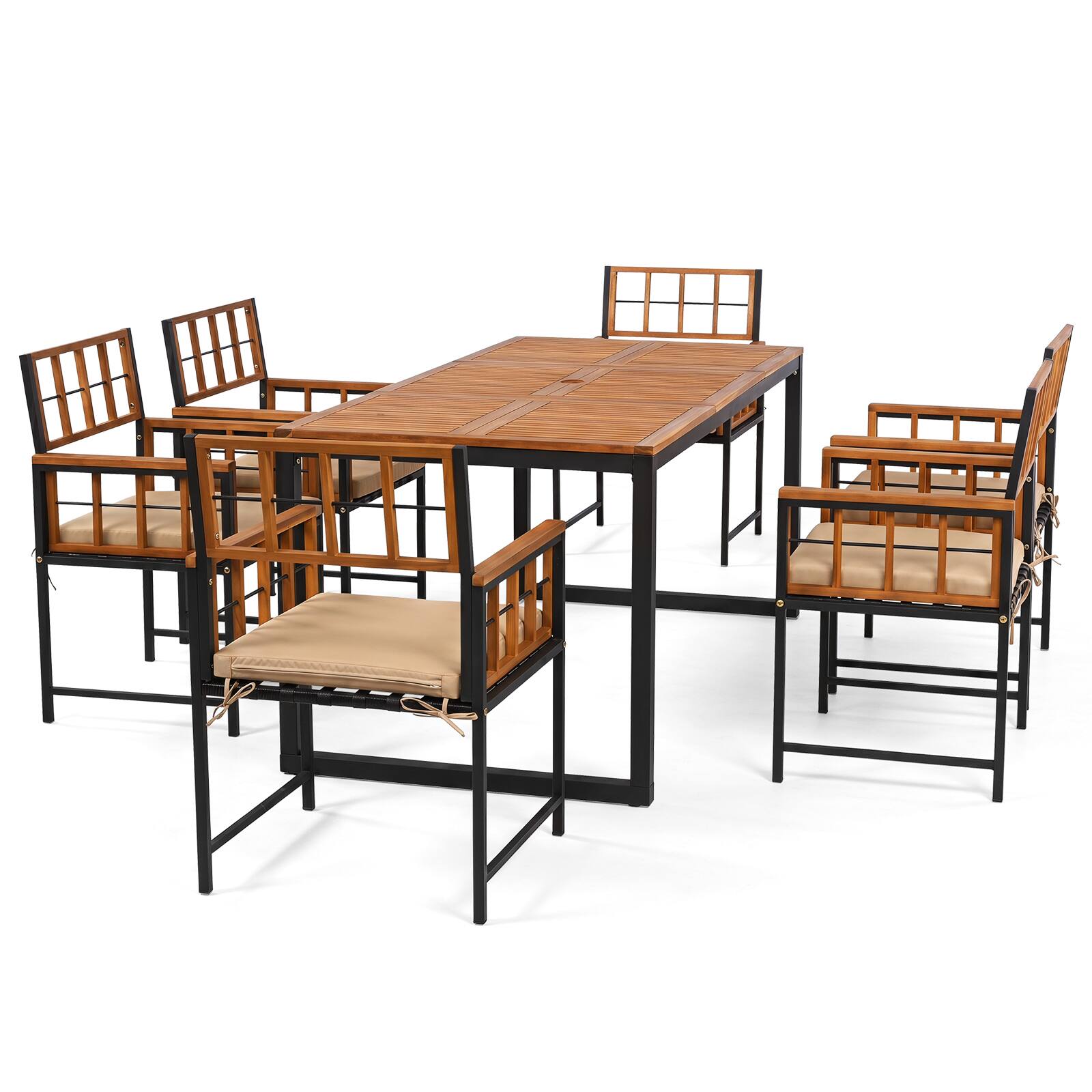 Alt View 9. Costway - Costway 7PCS Outdoor Dining Set, Acacia Wood Rectangular Table & Chairs Set with Cushions - Natural+Black+Beige.