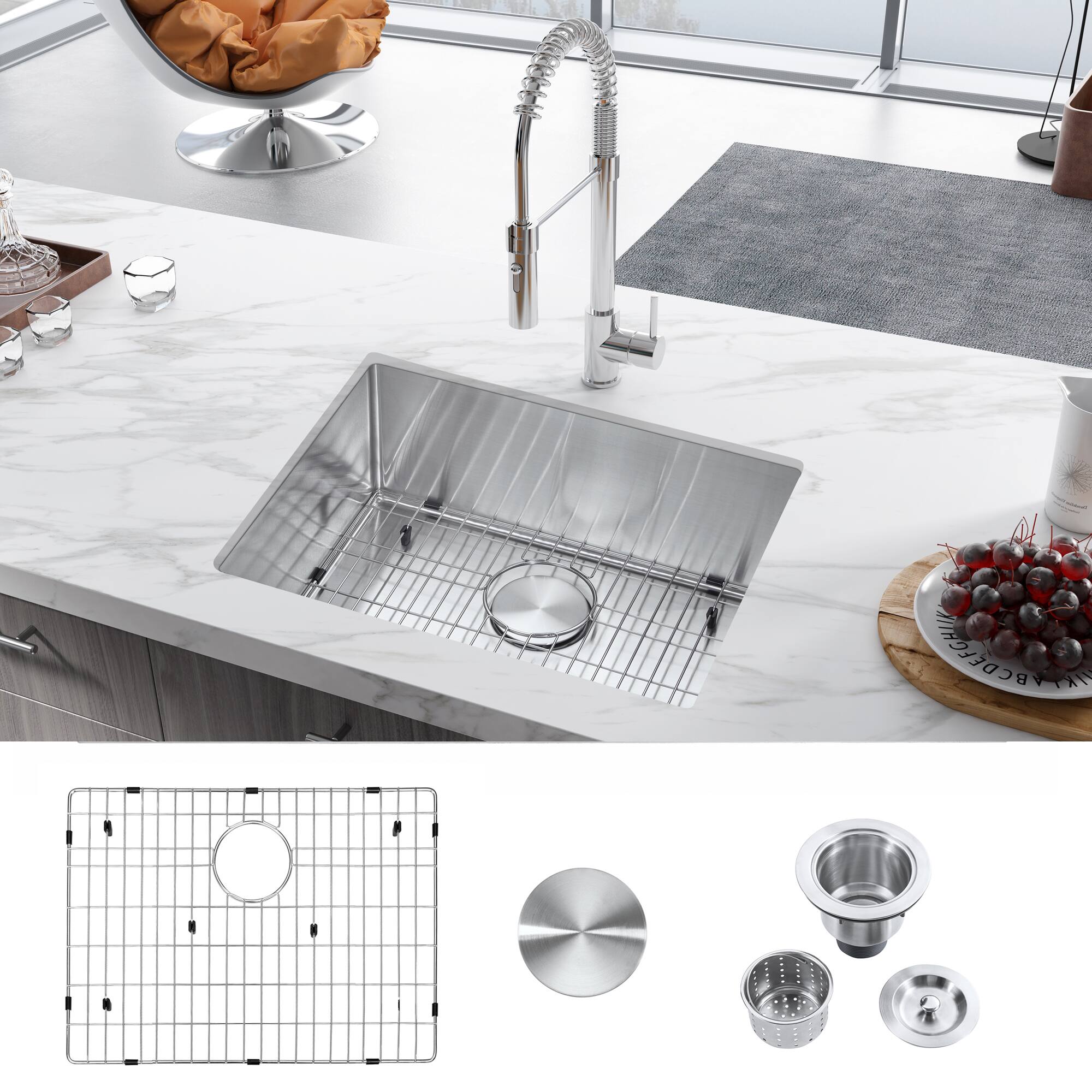 Angle. Akicon - Akicon 23 in. Undermount Single Bowl 18-Gauge Brushed Stainless Steel Kitchen Sink with Bottom Grid and Basket Strainer - Silver.