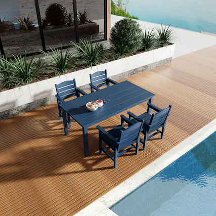 Front. Fortune Candy - Poly Lumber Patio Dining Set, 70.9" Table & Slat Back Chairs with Umbrella Hole, Weather-Resistant(Navy Blue, 5-piece) - Navy Blue.