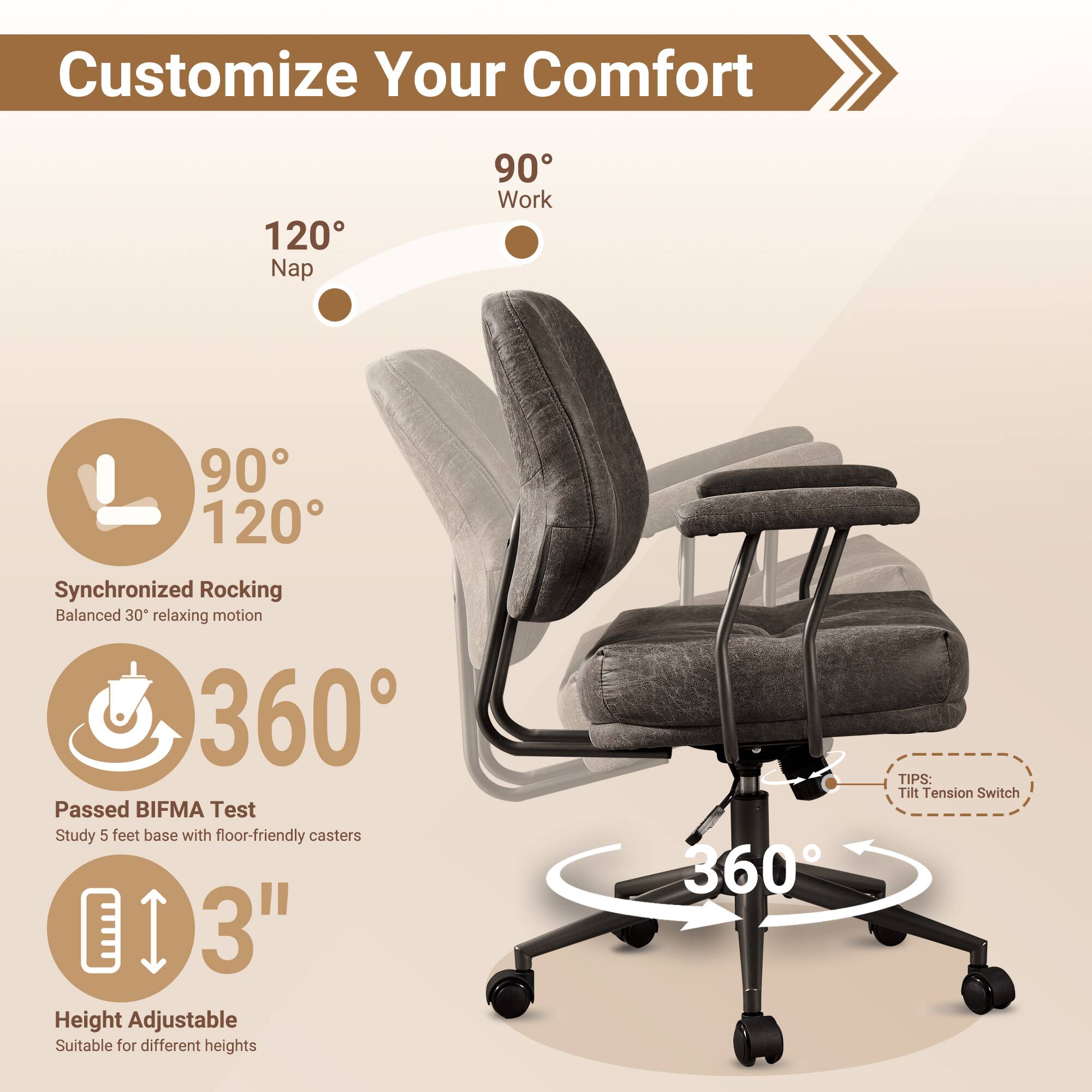 Customize Your Comfort

- 120° Nap
- 90° Work
- 90° 120°
- Synchronized Rocking: Balanced 30° relaxing motion
- 360°
- Passed BIFMA Test: Study 5 feet base with floor-friendly casters
- 3" Height Adjustable: Suitable for different heights
- 360°
- TIPS: Tilt Tension Switch