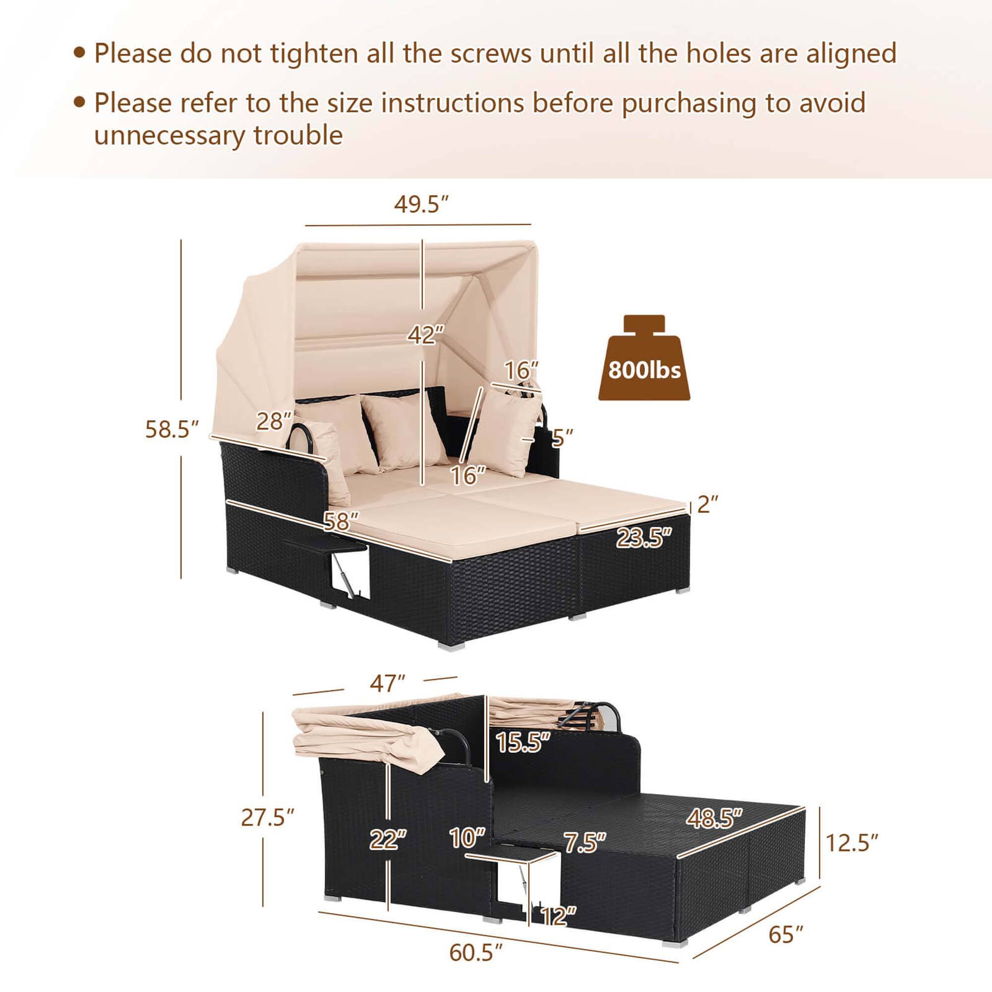 Please do not tighten all the screws until all the holes are aligned. Please refer to the size instructions before purchasing to avoid unnecessary trouble.

49.5" x 42" x 16"
800lbs

58.5" x 28" x 58"
16" x 5" x 23.5"
2" x 47" x 15.5"
22" x 10" x 7.5"
48.5" x 12.5" x 60.5"
12" x 65"