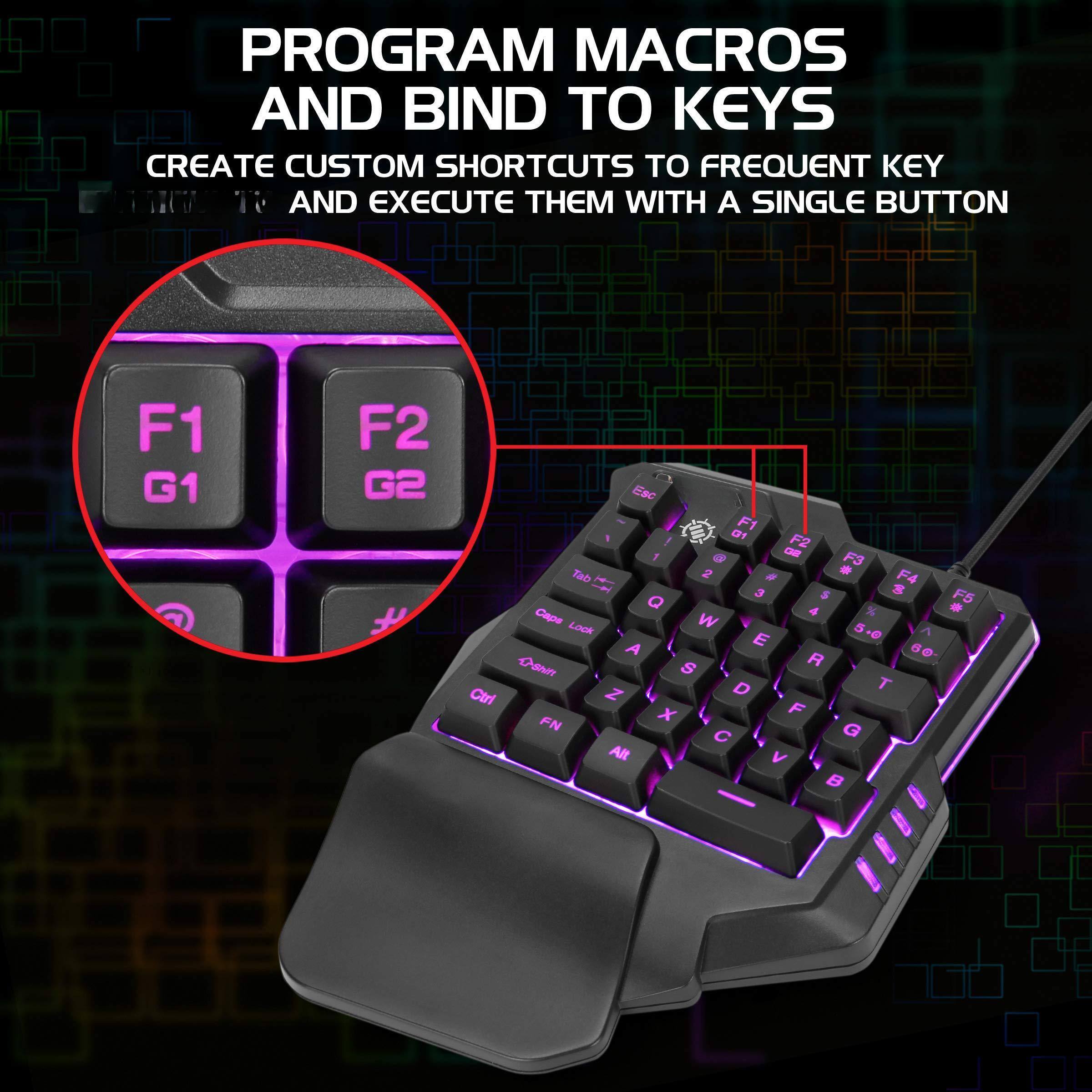 PROGRAM MACROS AND BIND TO KEYS  
CREATE CUSTOM SHORTCUTS TO FREQUENT KEY AND EXECUTE THEM WITH A SINGLE BUTTON  

F1 G1  
F2 G2  

F3 Tab  
F4 3 S s Q 4 %  

Caps Lock 5 +0 A A E B R e O-SAn S D T Ctri Z x F FN G C Alt V  

F5 .