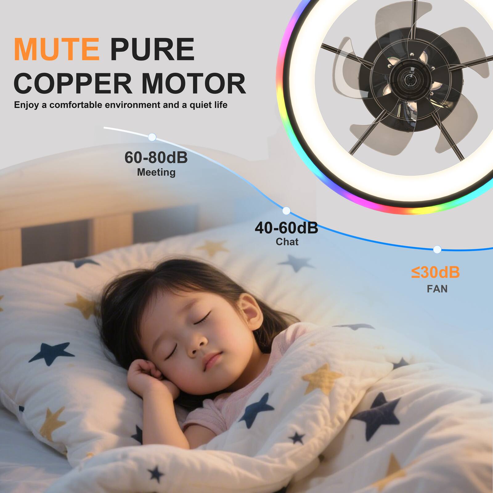 MUTE PURE COPPER MOTOR  
Enjoy a comfortable environment and a quiet life  

60-80dB  
Meeting  

40-60dB  
Chat  

<30dB  
FAN
