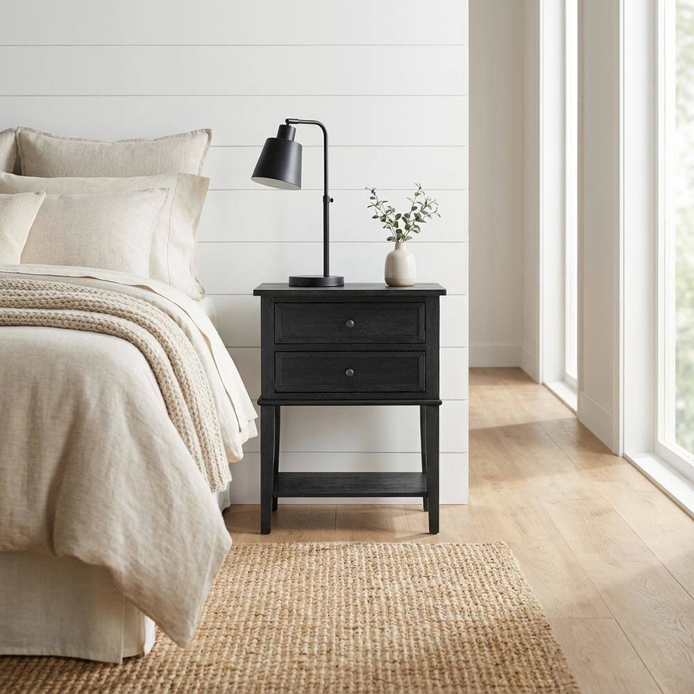 Alt View 2. FurniFact - Black Wood Nightstand with 2 Drawers for Bedroom - Wire Brushed Black.
