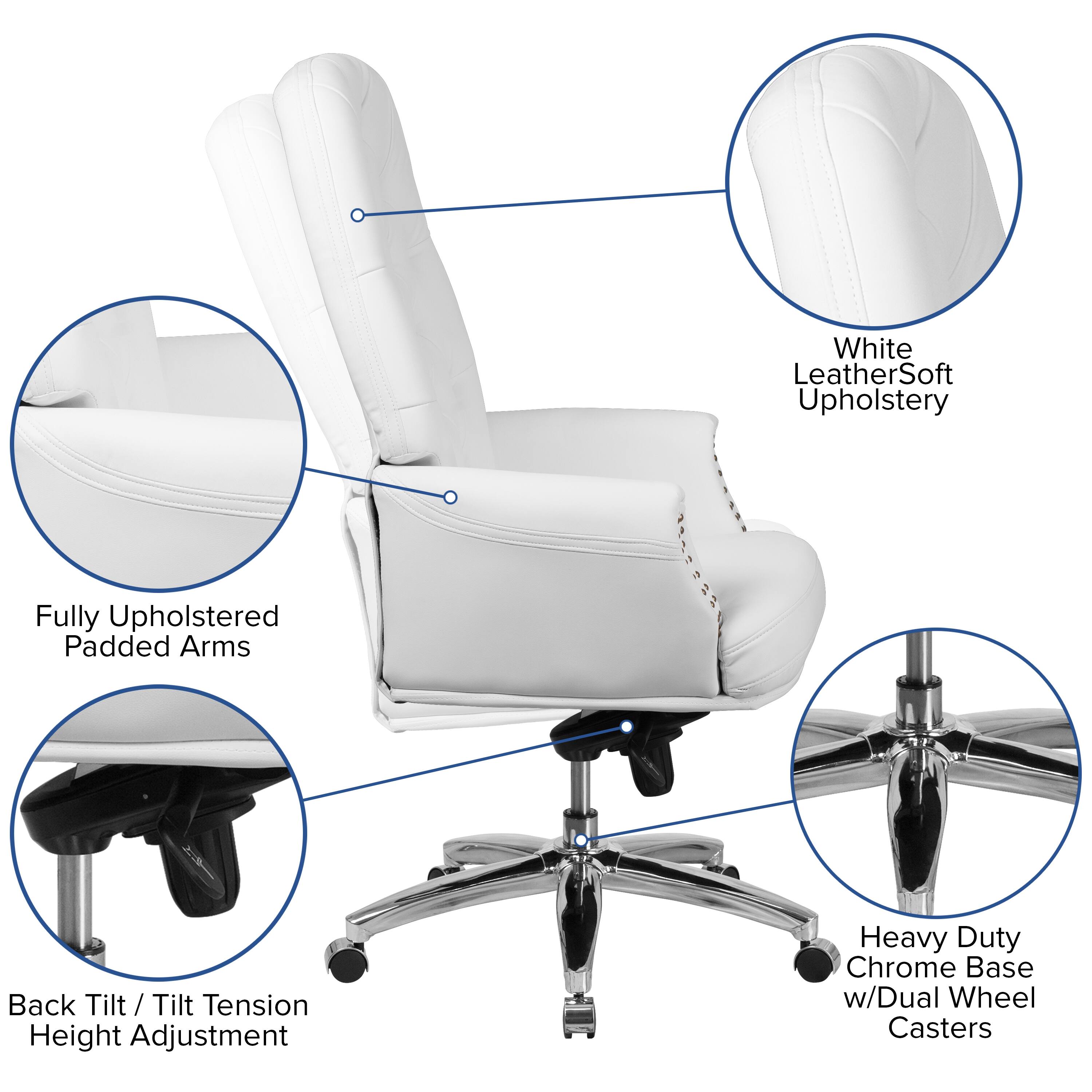 White Leather Soft Upholstery  
Fully Upholstered Padded Arms  
Back Tilt / Tilt Tension Height Adjustment  
Heavy Duty Chrome Base w/Dual Wheel Casters