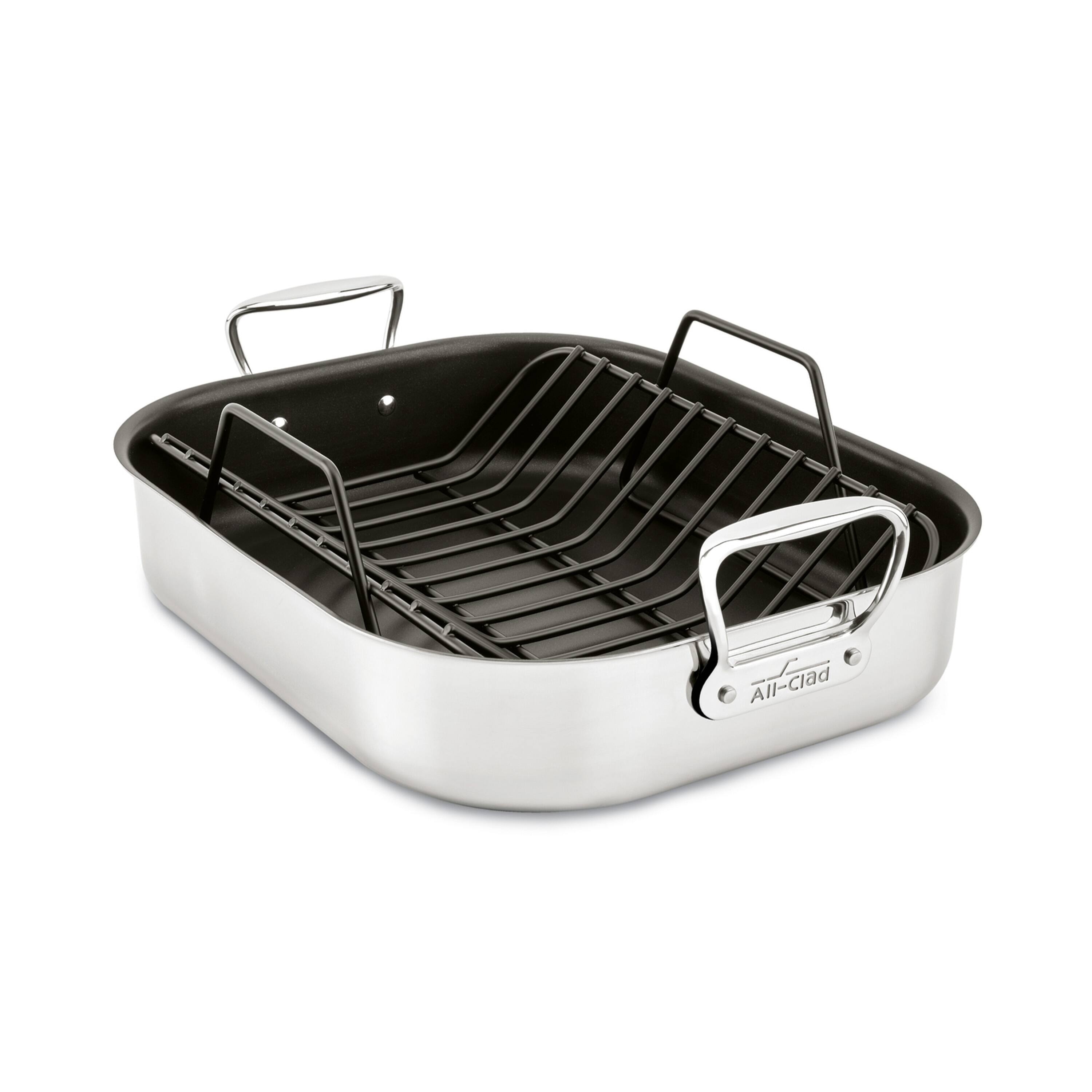 Front. All Clad - All-Clad Specialty Cookware. Stainless Steel Nonstick Large Roaster with rack. 13" x 16" - Silver.