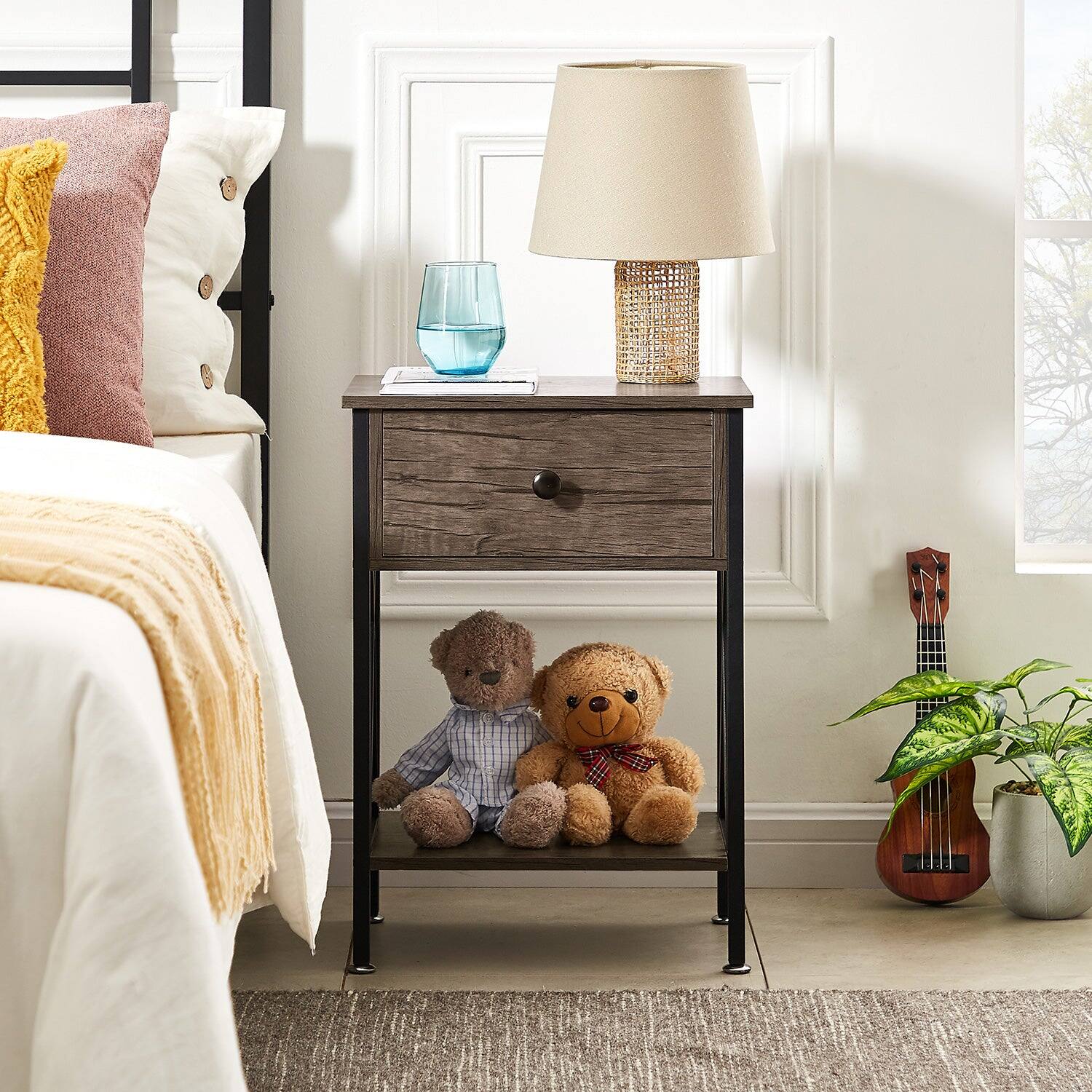 Alt View 1. Vecelo - Nightstand with Drawer - Bedside Table with Storage Shelf, Compact End Table for Bedroom, MDF Wood Nightstand - Grey.