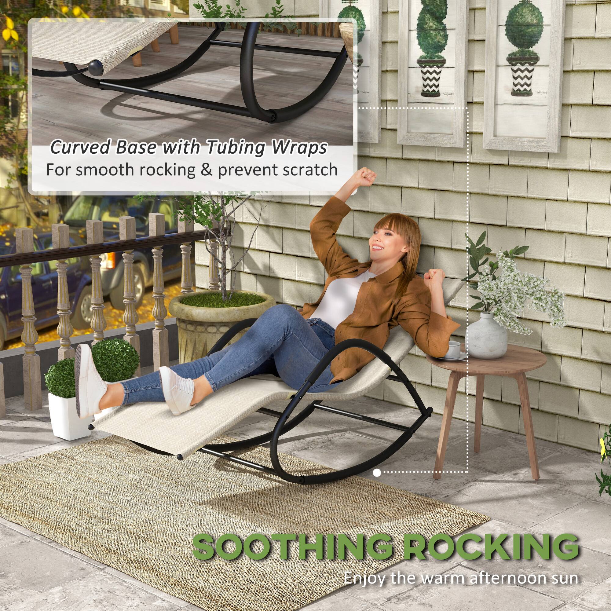 Curved Base with Tubing Wraps For smooth rocking & prevent scratch, Soothing Rocking, Enjoy the warm afternoon sun