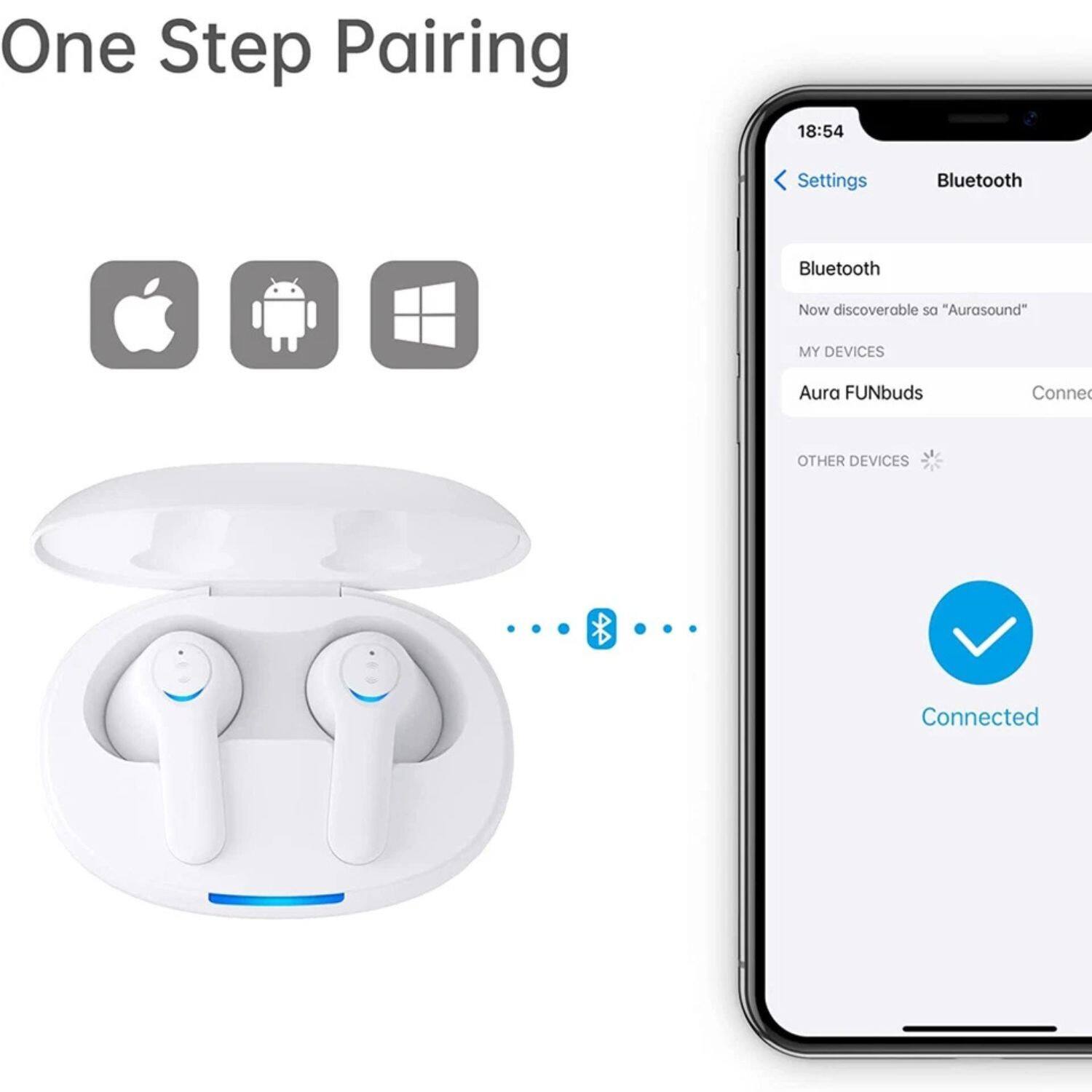 Left. Home Collection - White Bluetooth 5.1 Noise Cancelling Wireless Sport Earbuds with Built-in Microphone.