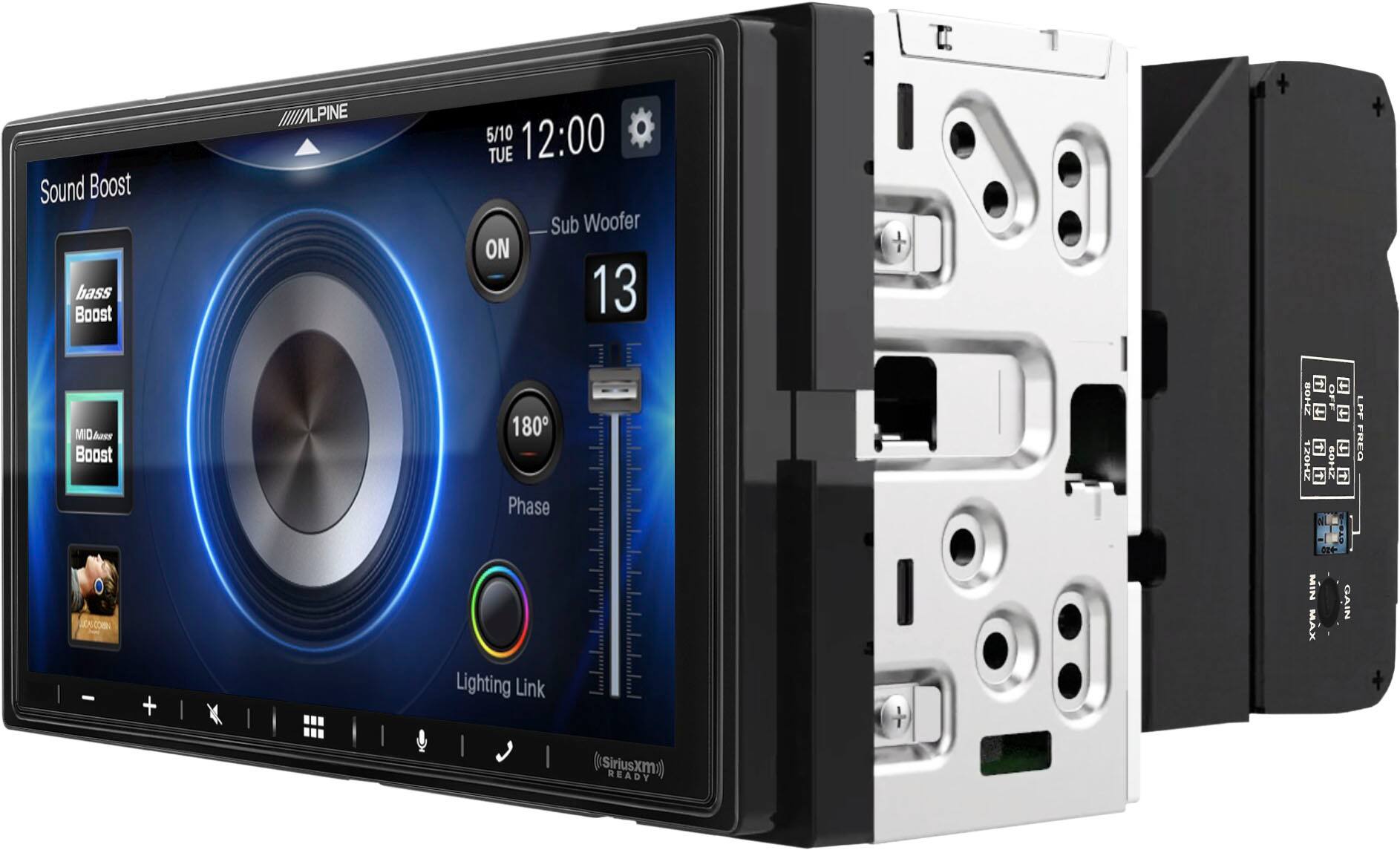 Sure, here is the corrected and grouped text from the image:

---

**Sound Boost**

- **bass Boost** 1LPINE 5/10
- **MID Boost** 0

**Sub Woofer** ON 13

**Phase** 180°

**Lighting Link**

**LPF** 120HZ

**GAIN** MIN MAX

**LPF FREO**

**SiriusXM** READY

---

**5/10 TUE 12:00**

**Sub Woofer** ON 13

**Phase** 180°

**Lighting Link**

**LPF** 120HZ

**GAIN** MIN MAX

**LPF FREO**

**SiriusXM** READY

---