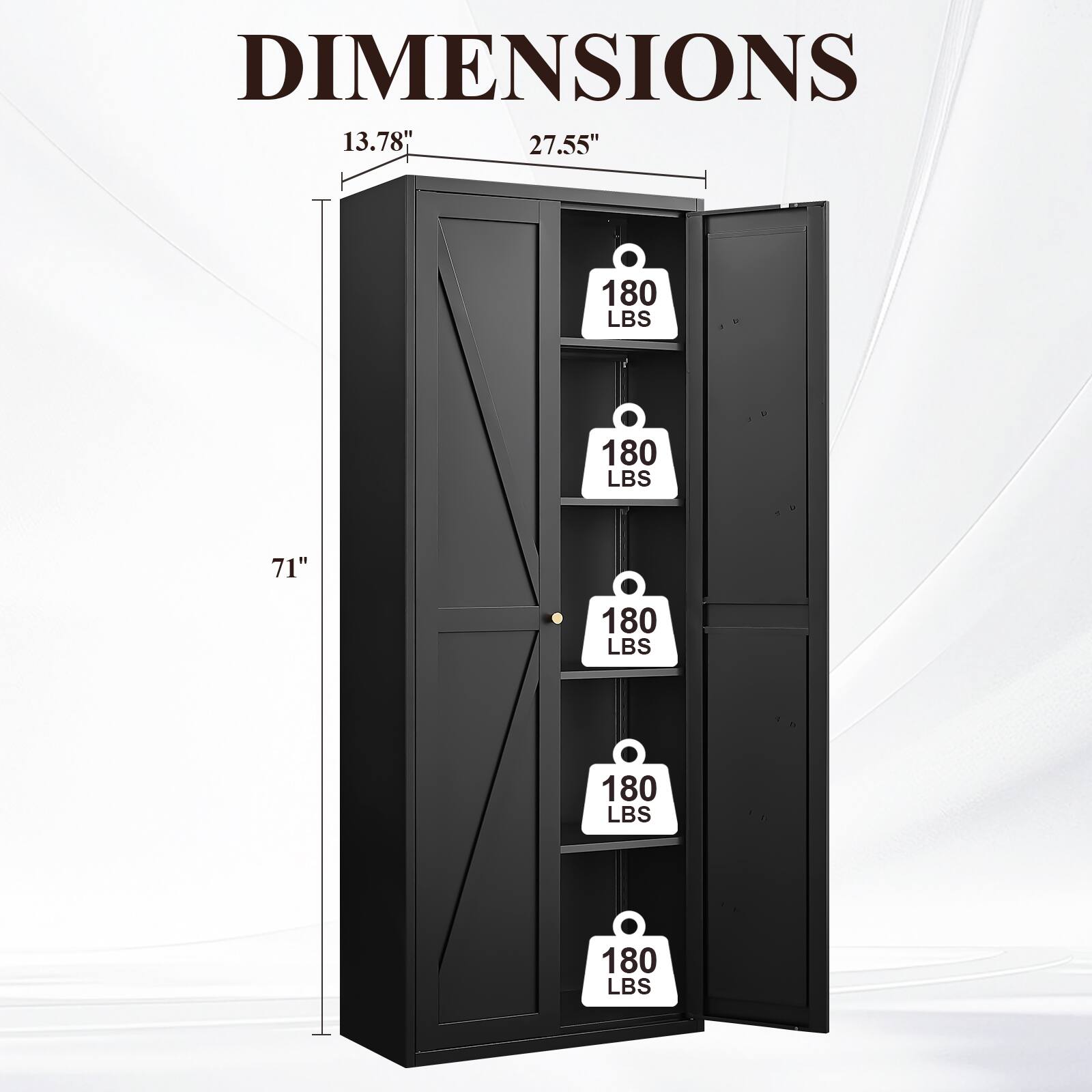 DIMENSIONS  
13.78" x 27.55" x 71"  
180 LBS (each shelf)