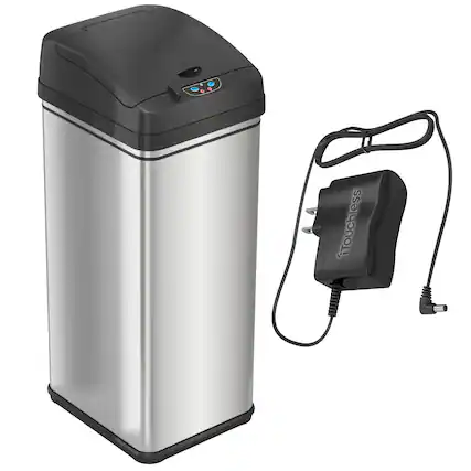 Front. iTouchless - 13 Gallon Stainless Steel Sensor Kitchen Trash Can with AC Power Adapter and AbsorbX Odor Filter - Silver.