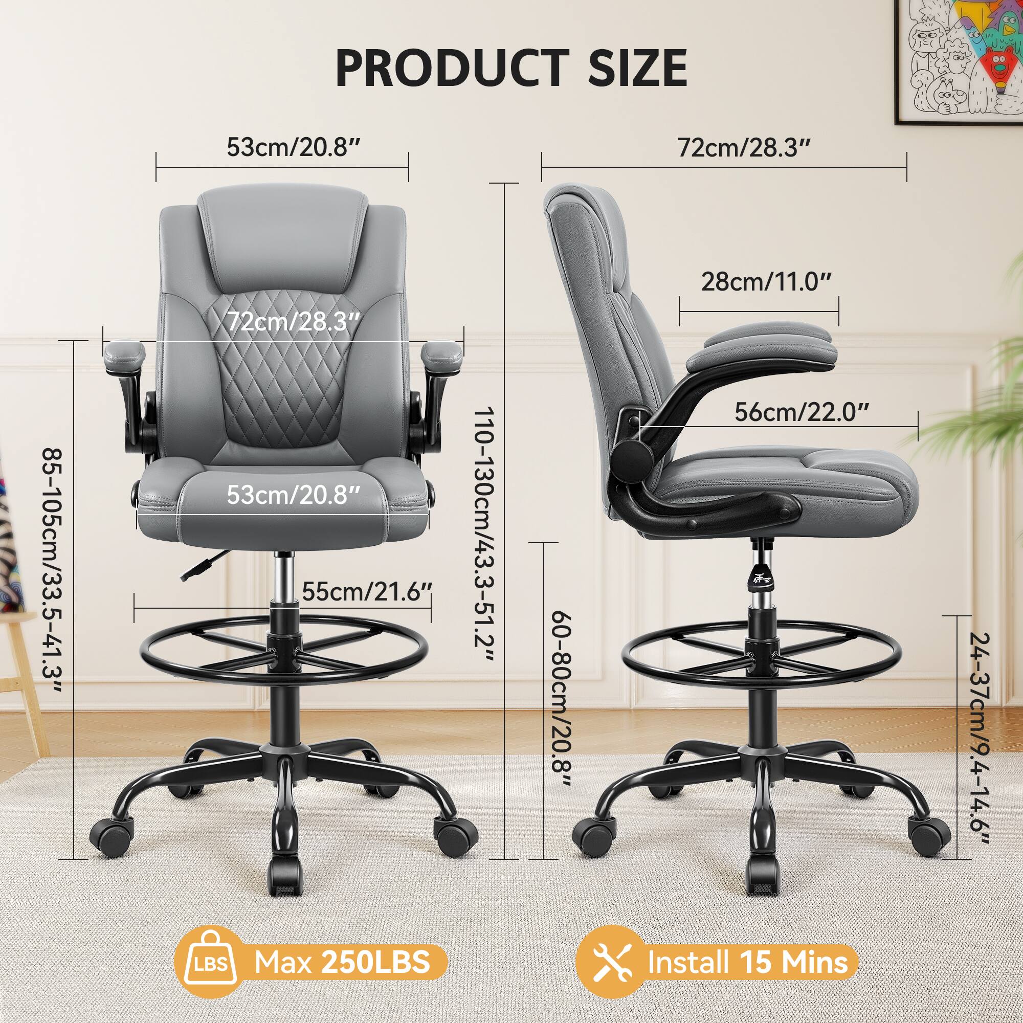 PRODUCT SIZE

- 53cm/20.8"
- 72cm/28.3"
- 85-105cm/33.5-41.3"
- 55cm/21.6"
- 110-130cm/43.3-51.2"
- 28cm/11.0"
- 56cm/22.0"
- 60-80cm/20.8"
- 24-37cm/9.4-14.6"

LBS Max 250LBS

Install 15 Mins