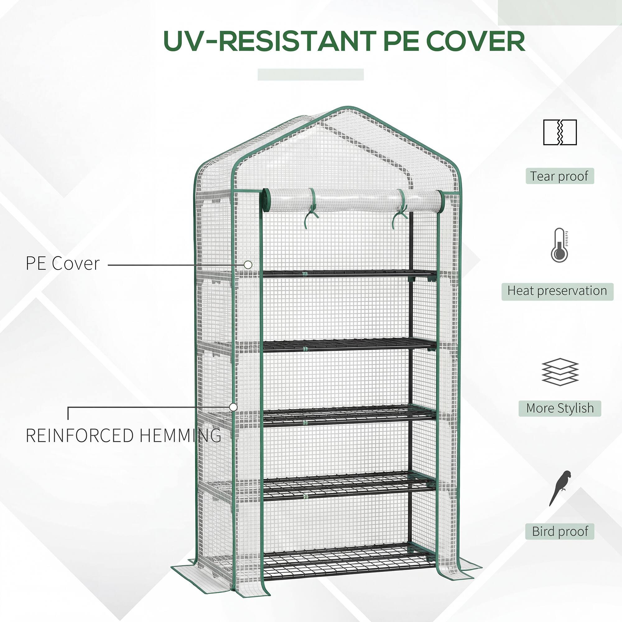 UV-Resistant PE Cover  
Tear Proof  
Heat Preservation  
Reinforced Hemming  
More Stylish  
Bird Proof
