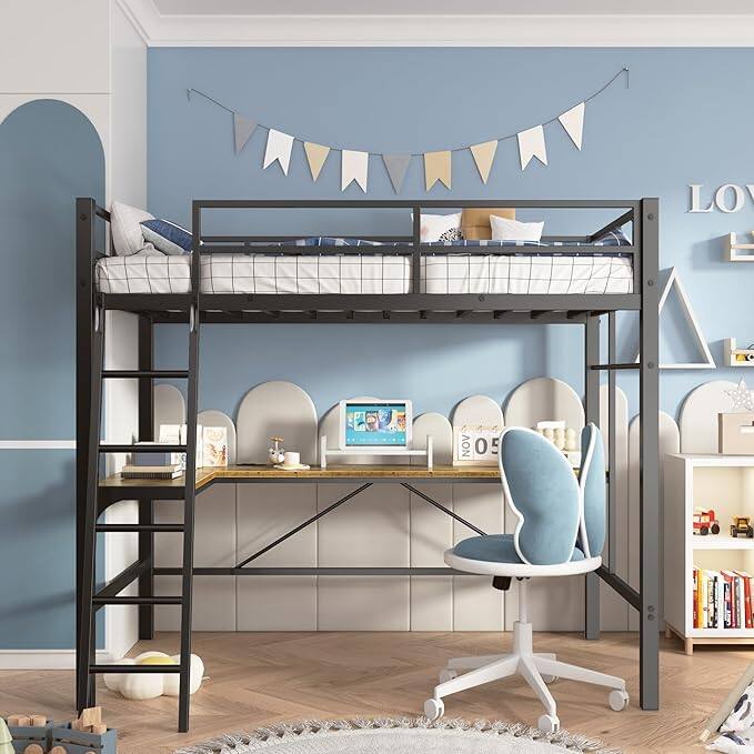 Back. Decksplore - Loft Bed Twin Size with L-Shaped Desk, Heavy Duty Metal Twin Loft Bed - Black.