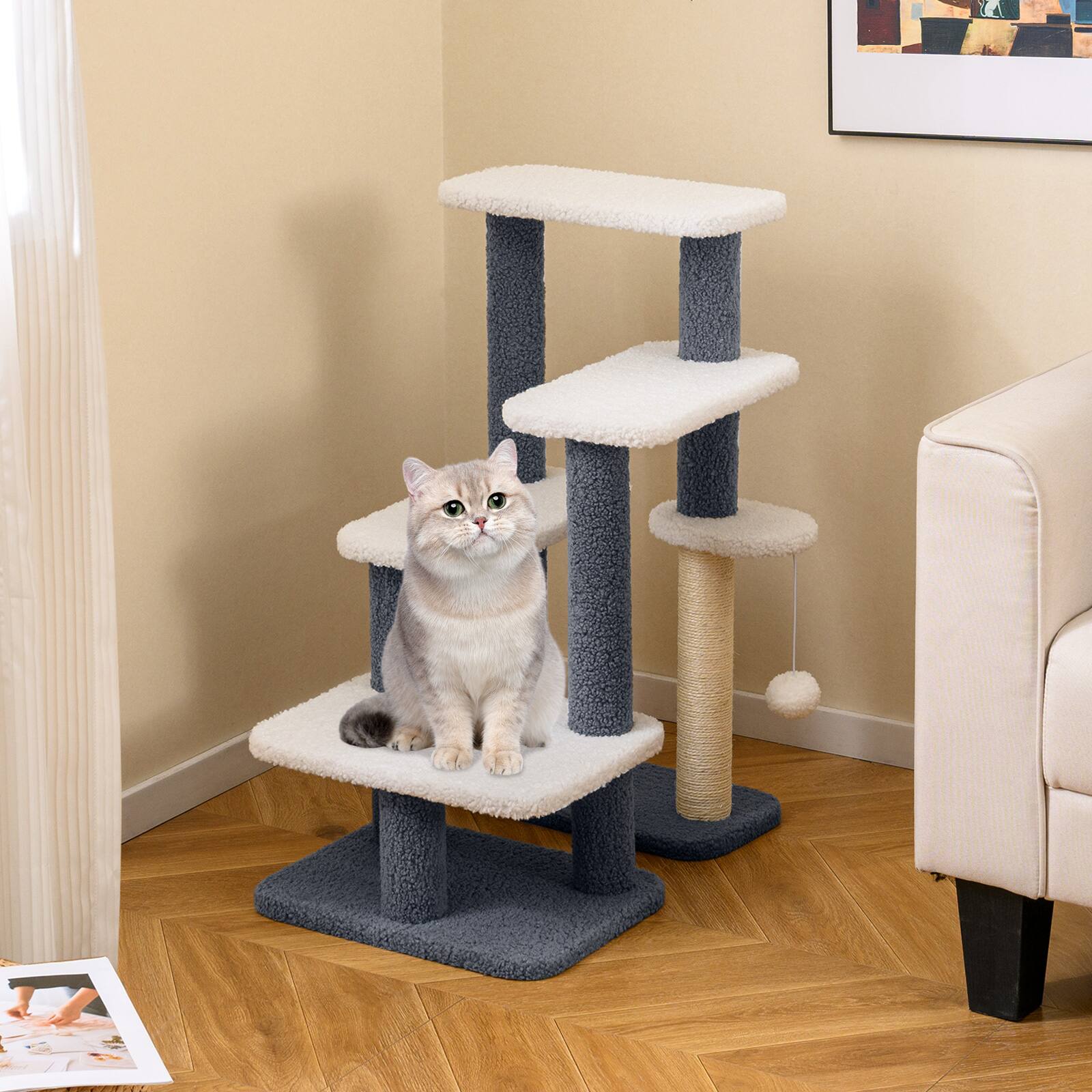 Alt View 1. Gymax - Gymax 2-in-1 Cat Tree Tower Pet Steps w/ Scratching Posts Hanging Toy Ball Perch - GYM19080.