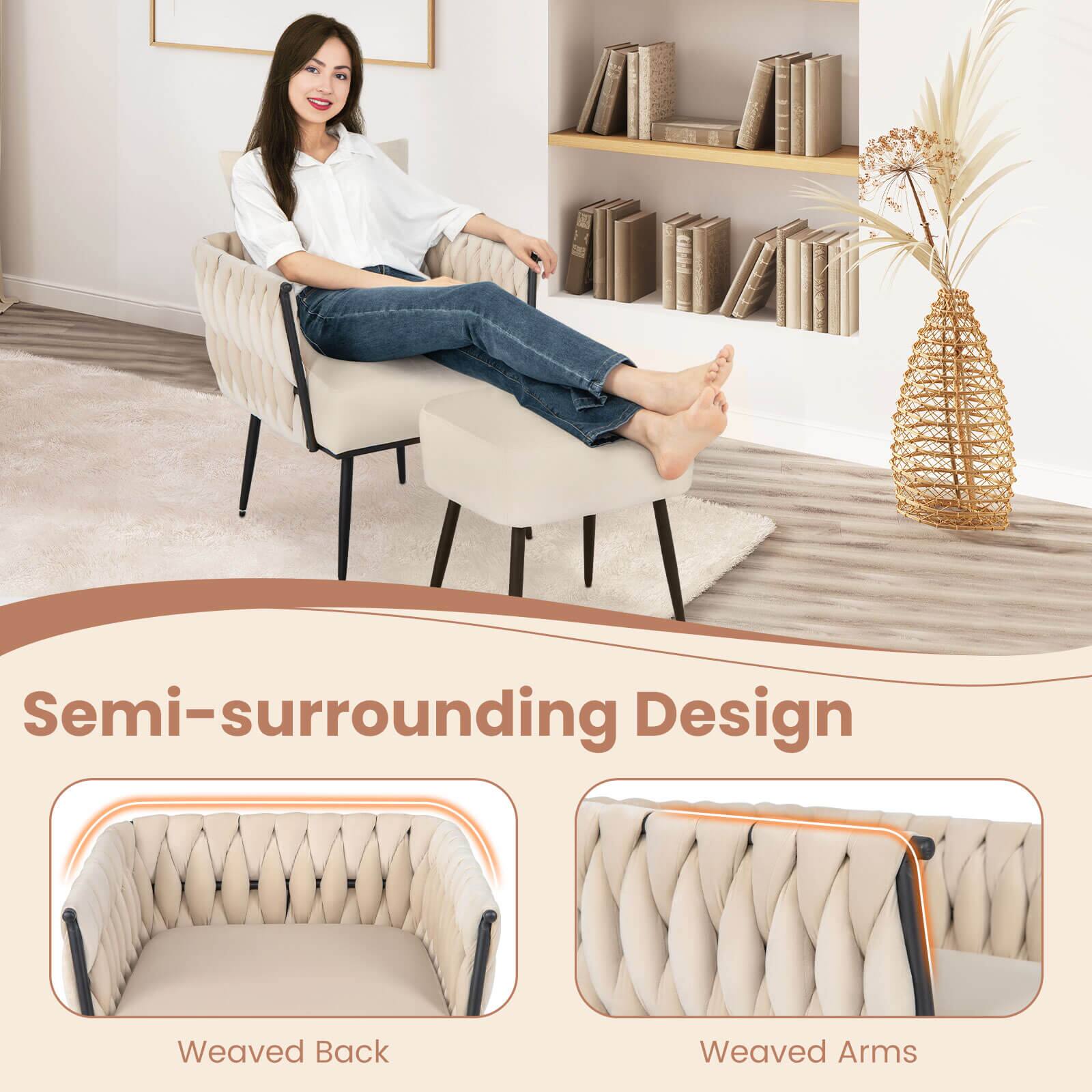The text on the image reads: "Semi-surrounding Design Weaved Back Weaved Arms."