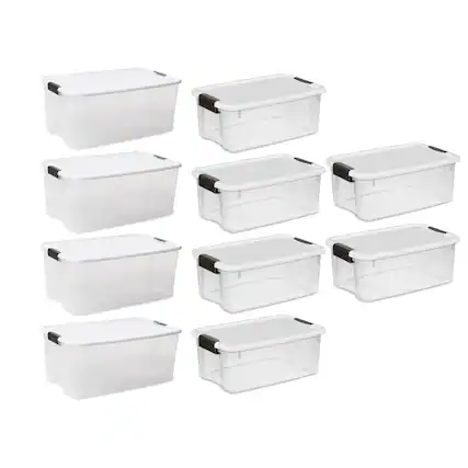 Front. Sterilite - Sterilite 4 Sets of 116 Quart Latch Lid Tote & 6 Sets of 18 Quart Latch Lid Tote - Clear.