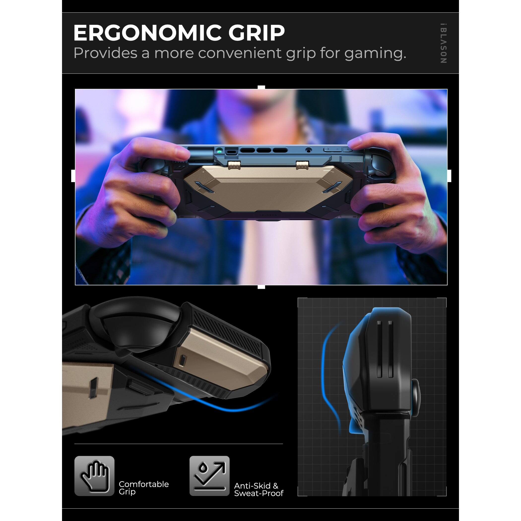 ERGONOMIC GRIP  
Provides a more convenient grip for gaming.

iBLASON  
Comfortable Grip Anti-Skid & Sweat-Proof