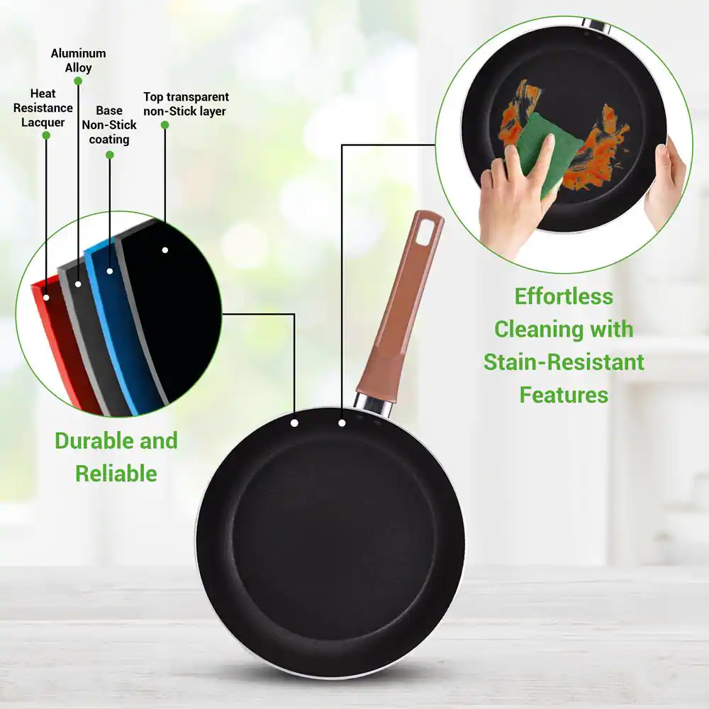 - Aluminum Alloy
- Heat Resistance
- Base non-Stick coating
- Top transparent non-Stick layer
- Lacquer
- Effortless Cleaning with Stain-Resistant Features
- Durable and Reliable