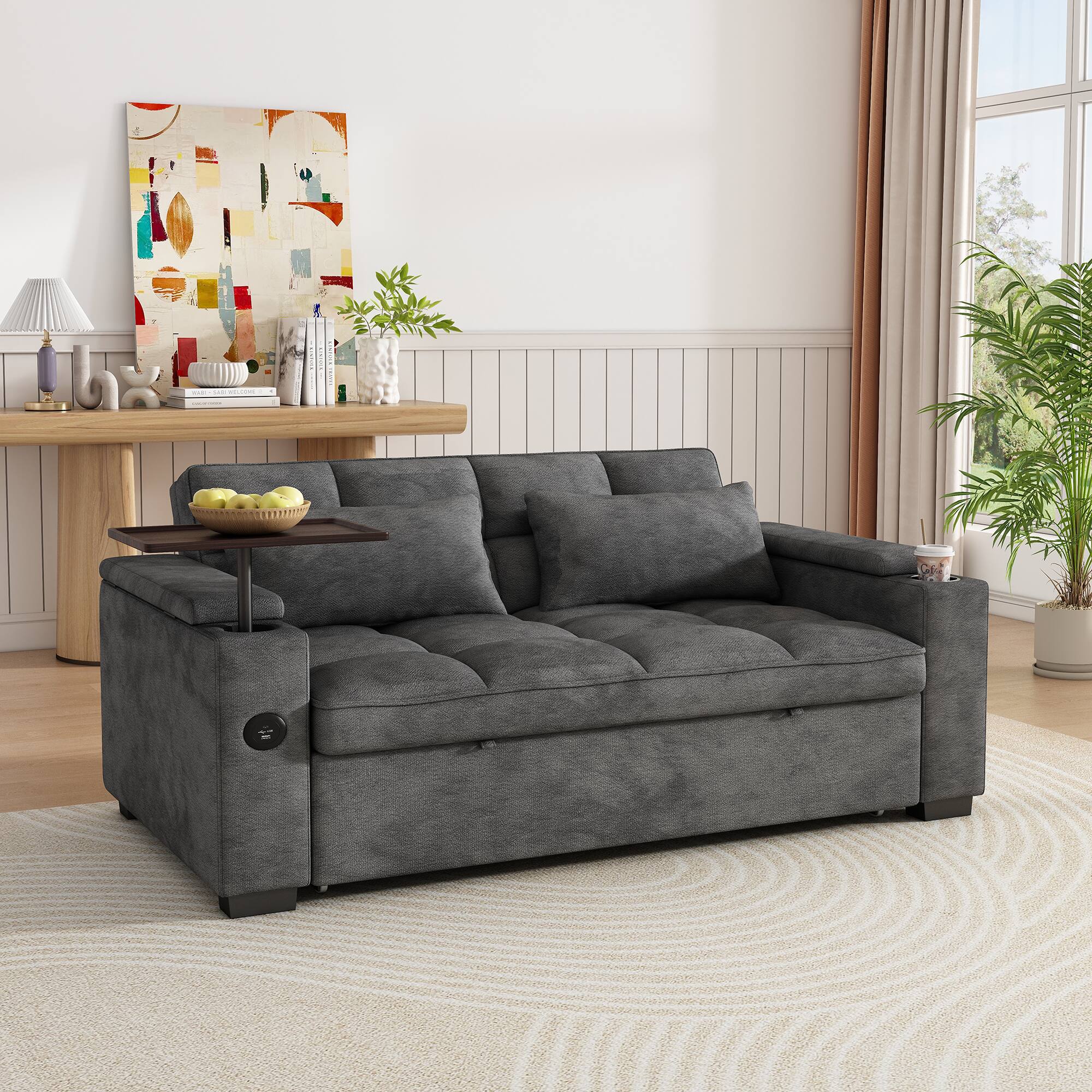 Angle. Anysun - 65" 3-in-1 Chenille Convertible Sofa Bed - Pullout Design with 90° Swivel Table, Easy Assembly for Living Room - gray.