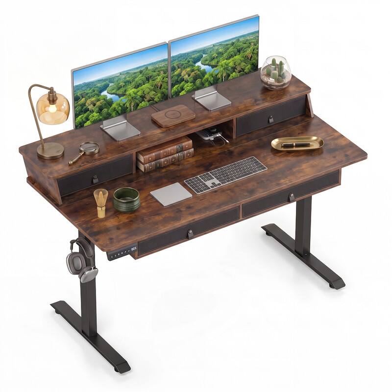 Angle. WELLFOR - 55" Electric Standing Desk with Drawers & Monitor Shelf,  Height Adjustable Ergonomic Stand Up Desk with Hanging Hooks - Rustic Brown.