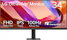 LG UltraWide™ Monitor
34"
FHD (2560x1080)
IPS Display
100Hz Refresh Rate
VESA CERTIFIED
DisplayHDR™ 400