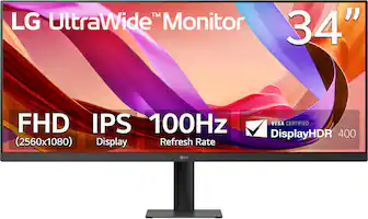 LG UltraWide™ Monitor
34"
FHD (2560x1080)
IPS Display
100Hz Refresh Rate
VESA CERTIFIED
DisplayHDR™ 400