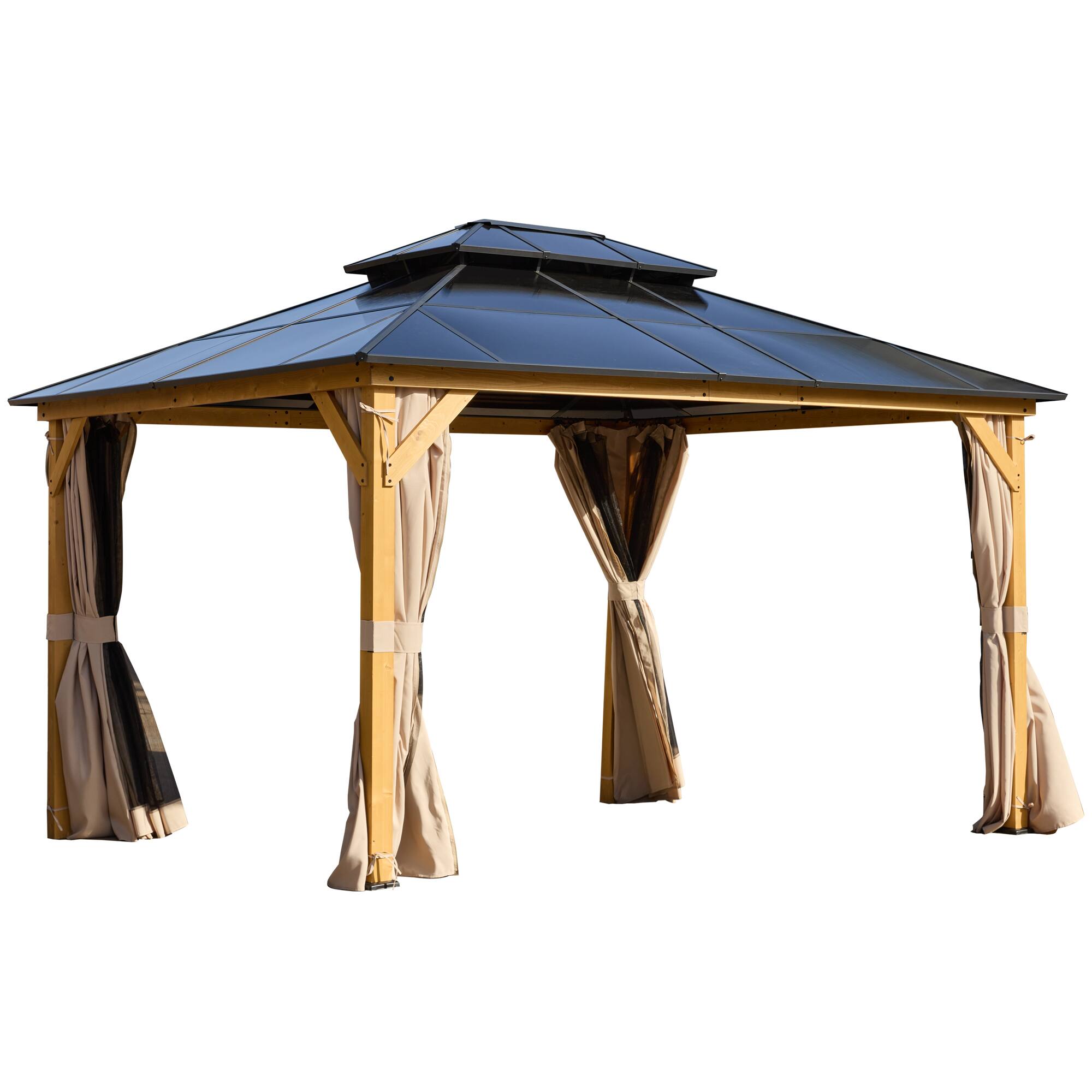 Front. U-HOMY - 13'x15' Wood Double-Roof Gazebo - WoodFrame.