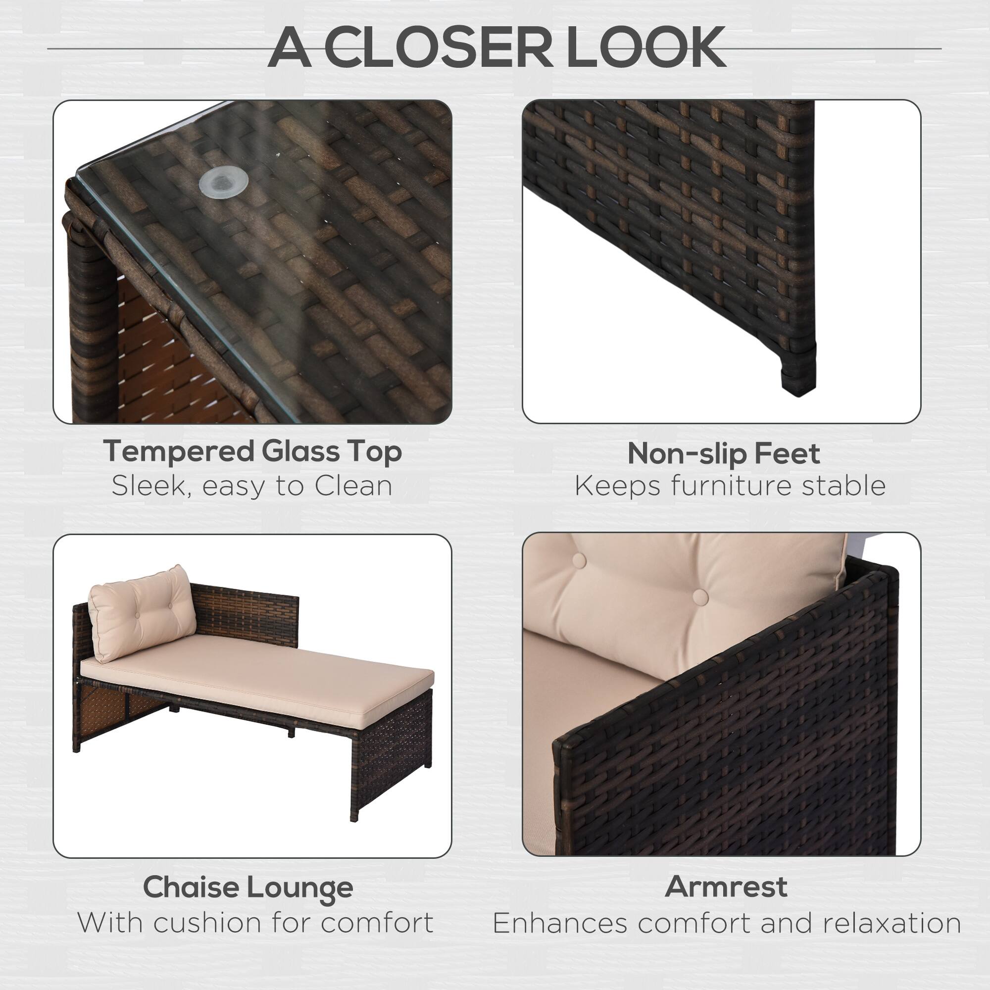 A CLOSER LOOK

Tempered Glass Top
Sleek, easy to Clean

Non-slip Feet
Keeps furniture stable

Chaise Lounge
With cushion for comfort

Armrest
Enhances comfort and relaxation