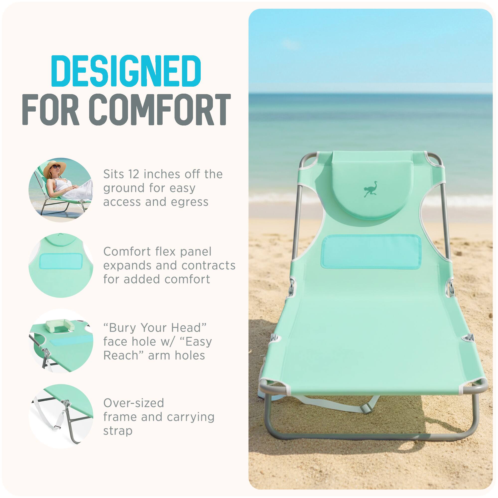DESIGNED FOR COMFORT

- Sits 12 inches off the ground for easy access and egress
- Comfort flex panel expands and contracts for added comfort
- "Bury Your Head" face hole w/ "Easy Reach" arm holes
- Over-sized frame and carrying strap