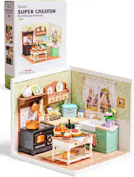Robotime - Rolife Farmhouse Kitchen Super Creator Kits, Tiny House Building Blocks for Little Dolls, DIY Plastic Model Building Kit - Brown