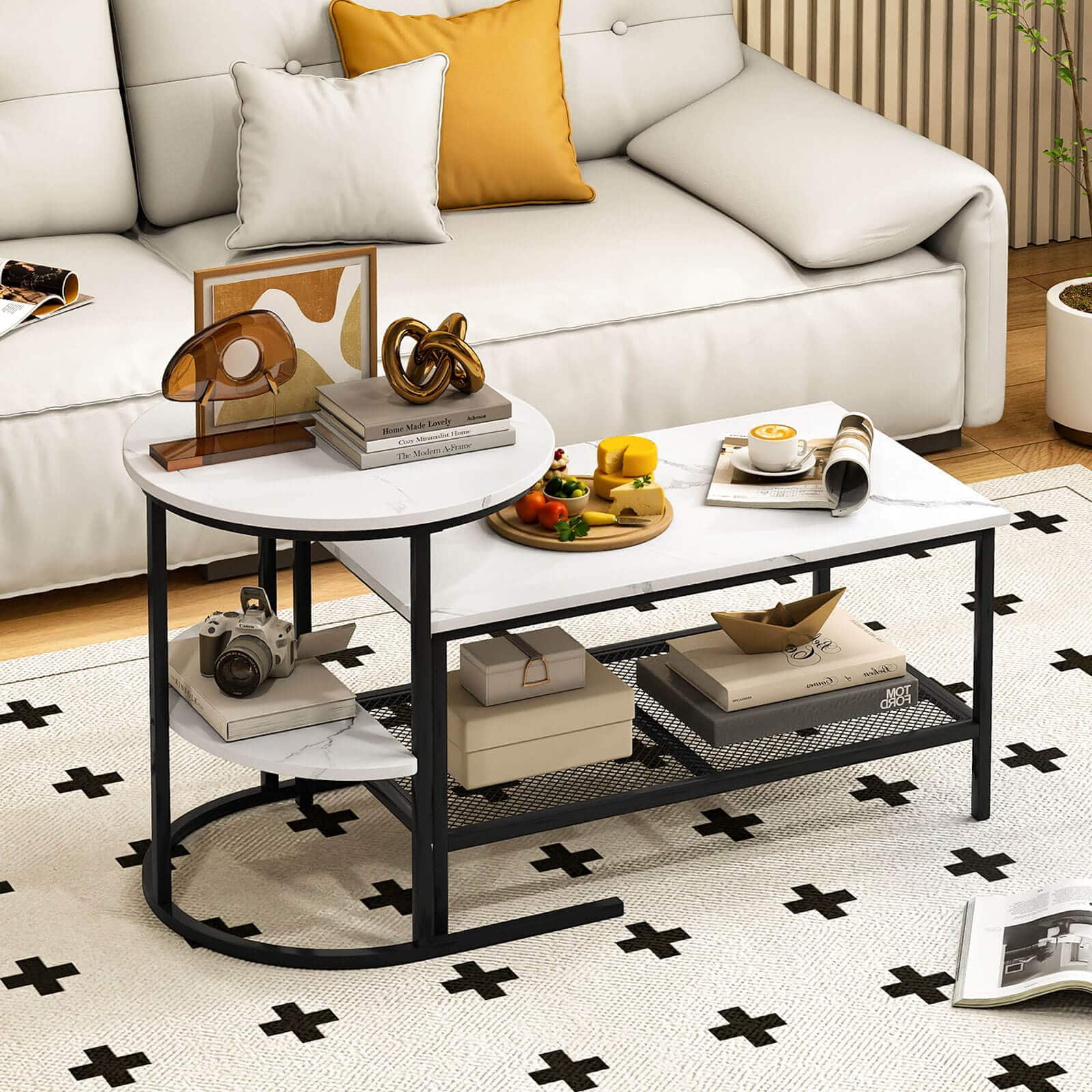 Costway - Coffee Table Set of 2 2-Tier Rectangle Coffee Table and Side End Table - White & Black